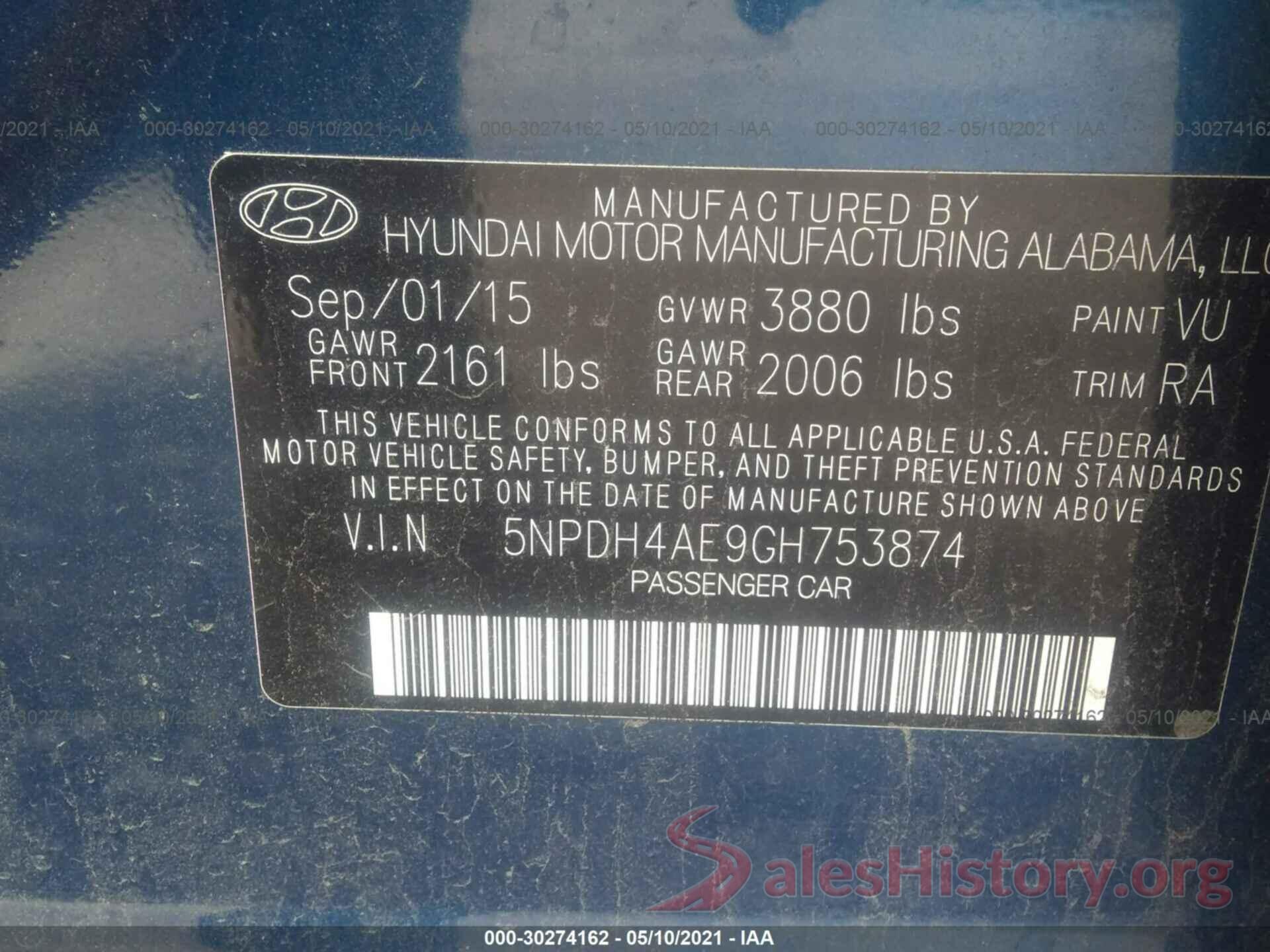 5NPDH4AE9GH753874 2016 HYUNDAI ELANTRA