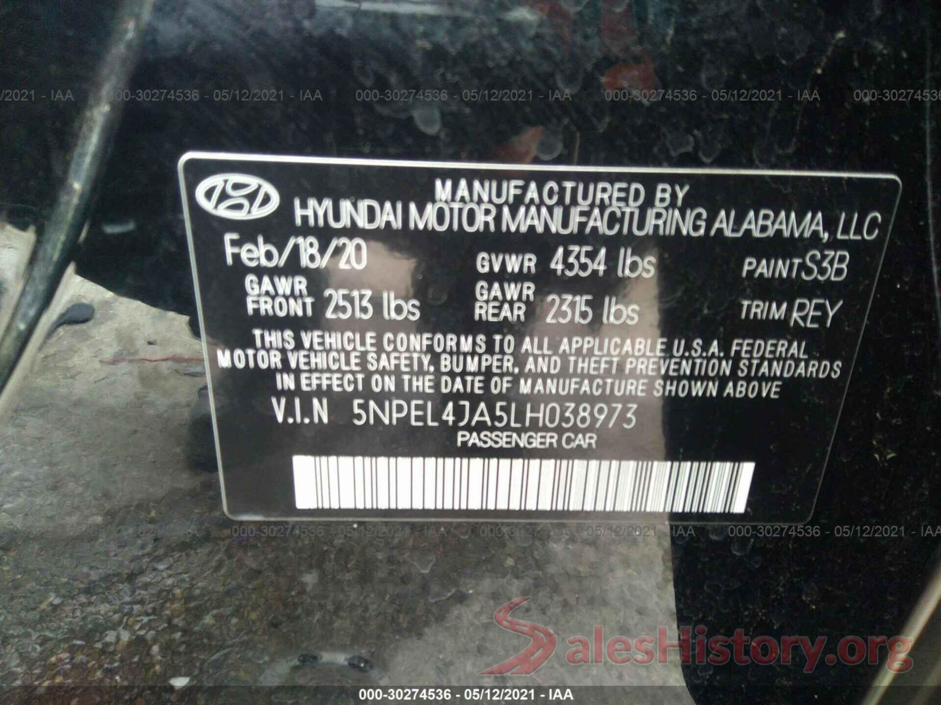 5NPEL4JA5LH038973 2020 HYUNDAI SONATA