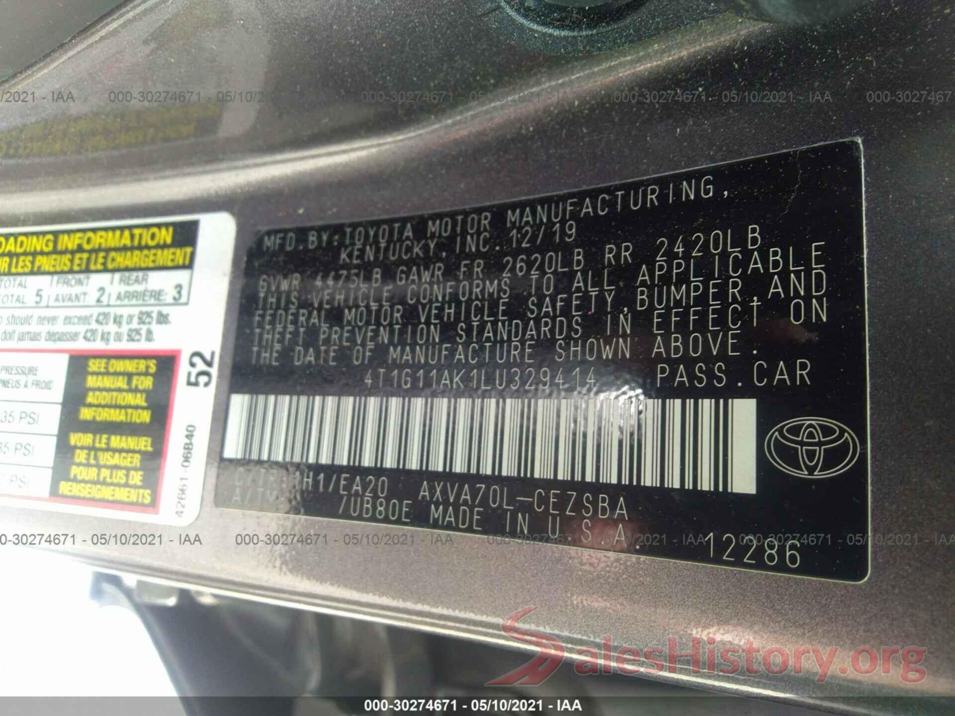 4T1G11AK1LU329414 2020 TOYOTA CAMRY