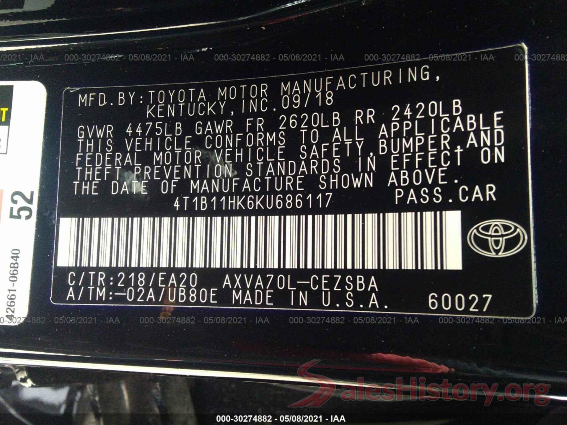 4T1B11HK6KU686117 2019 TOYOTA CAMRY