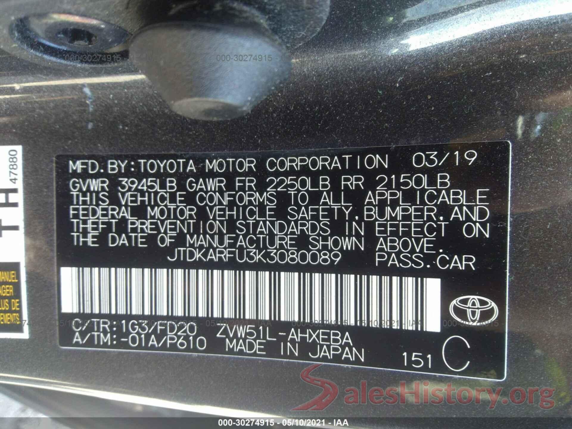 JTDKARFU3K3080089 2019 TOYOTA PRIUS