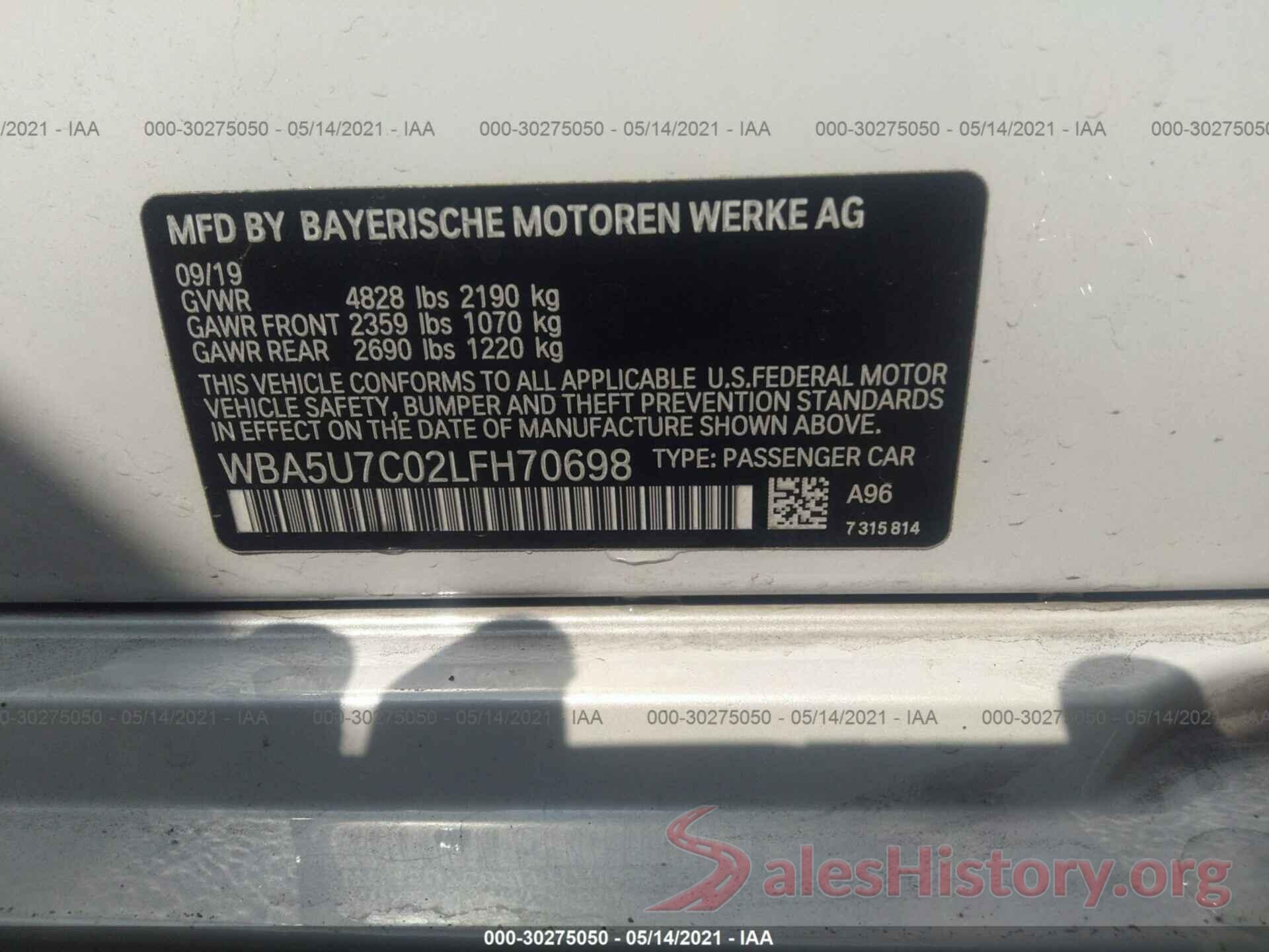 WBA5U7C02LFH70698 2020 BMW 3 SERIES