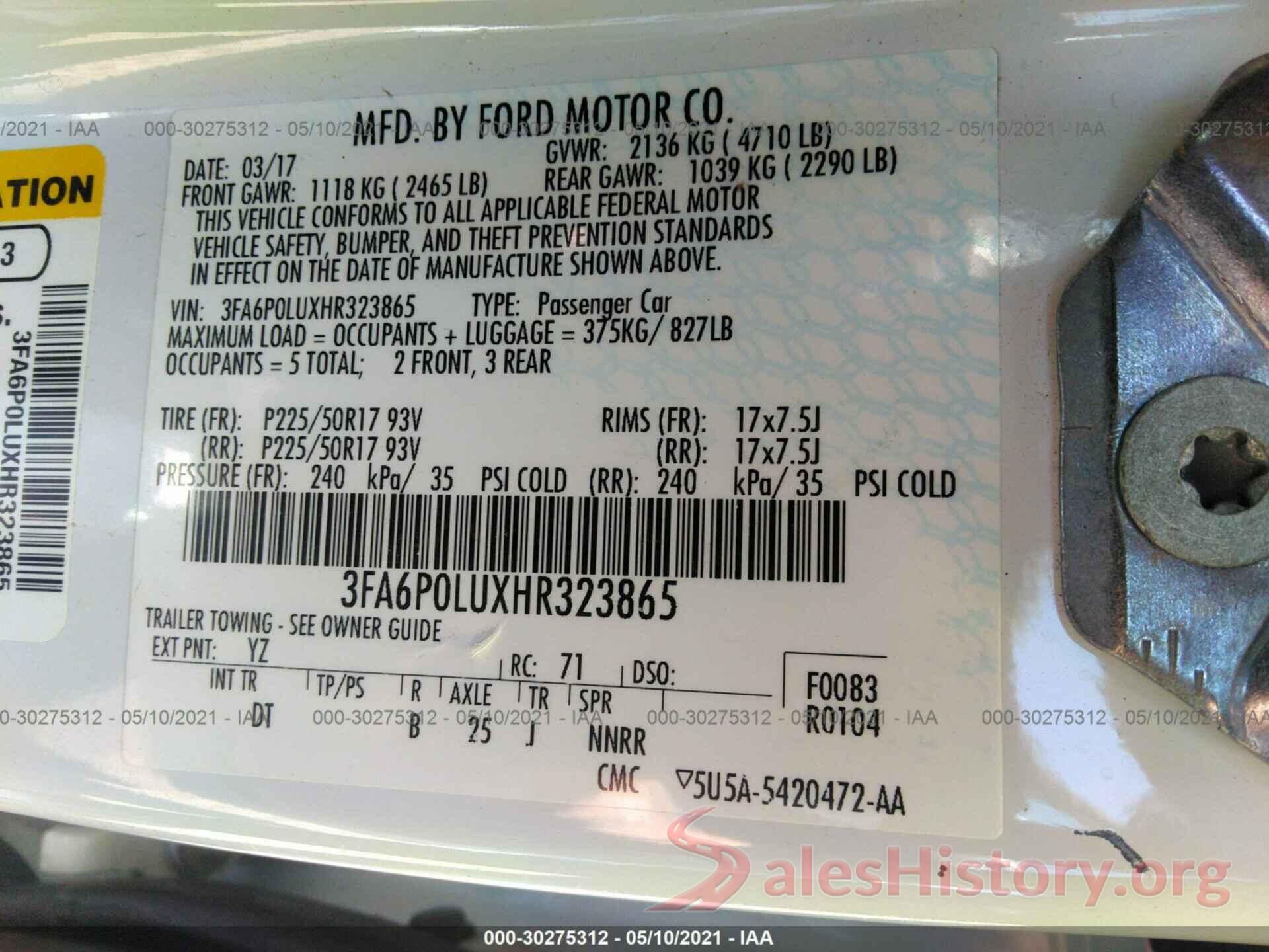 3FA6P0LUXHR323865 2017 FORD FUSION