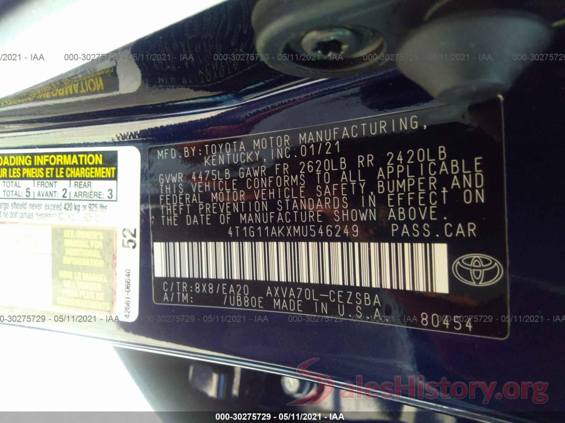 4T1G11AKXMU546249 2021 TOYOTA CAMRY