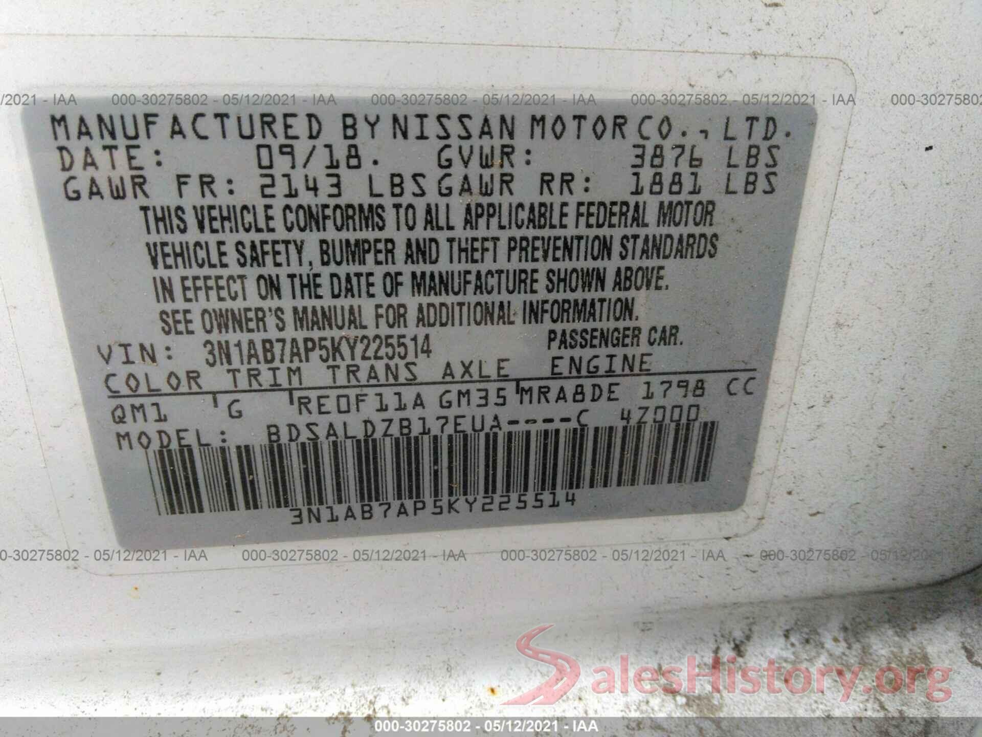 3N1AB7AP5KY225514 2019 NISSAN SENTRA