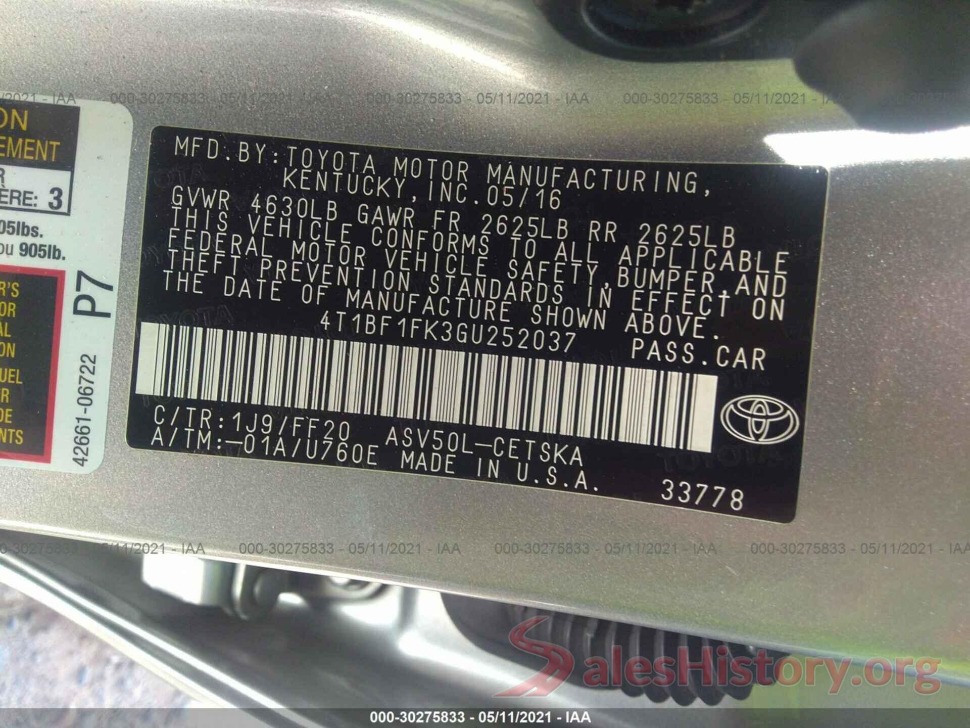 4T1BF1FK3GU252037 2016 TOYOTA CAMRY