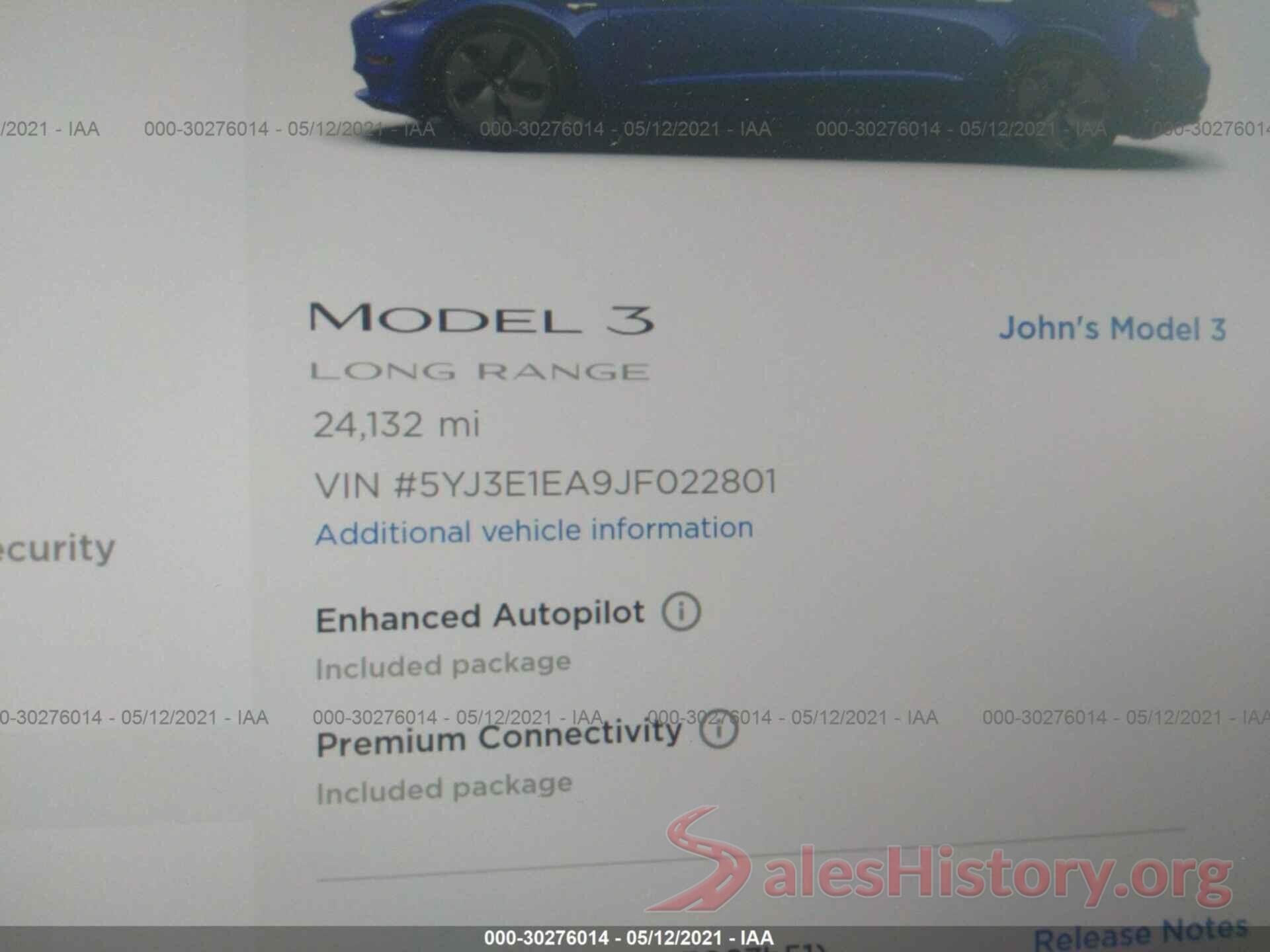 5YJ3E1EA9JF022801 2018 TESLA MODEL 3