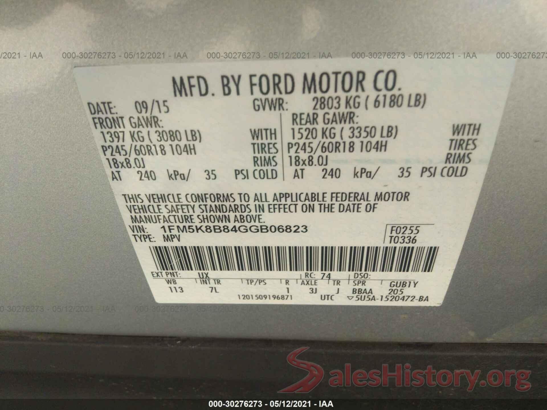 1FM5K8B84GGB06823 2016 FORD EXPLORER