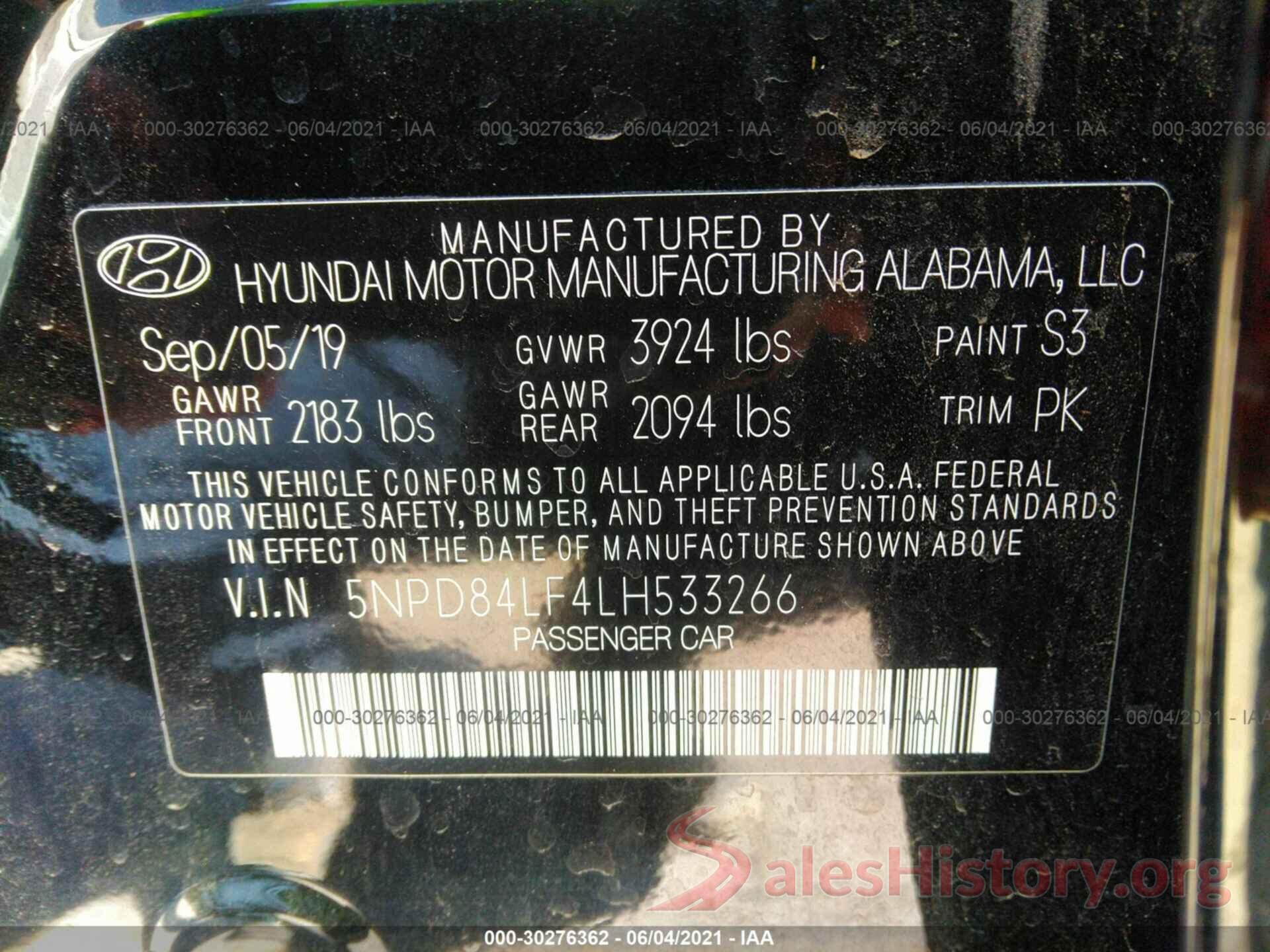 5NPD84LF4LH533266 2020 HYUNDAI ELANTRA