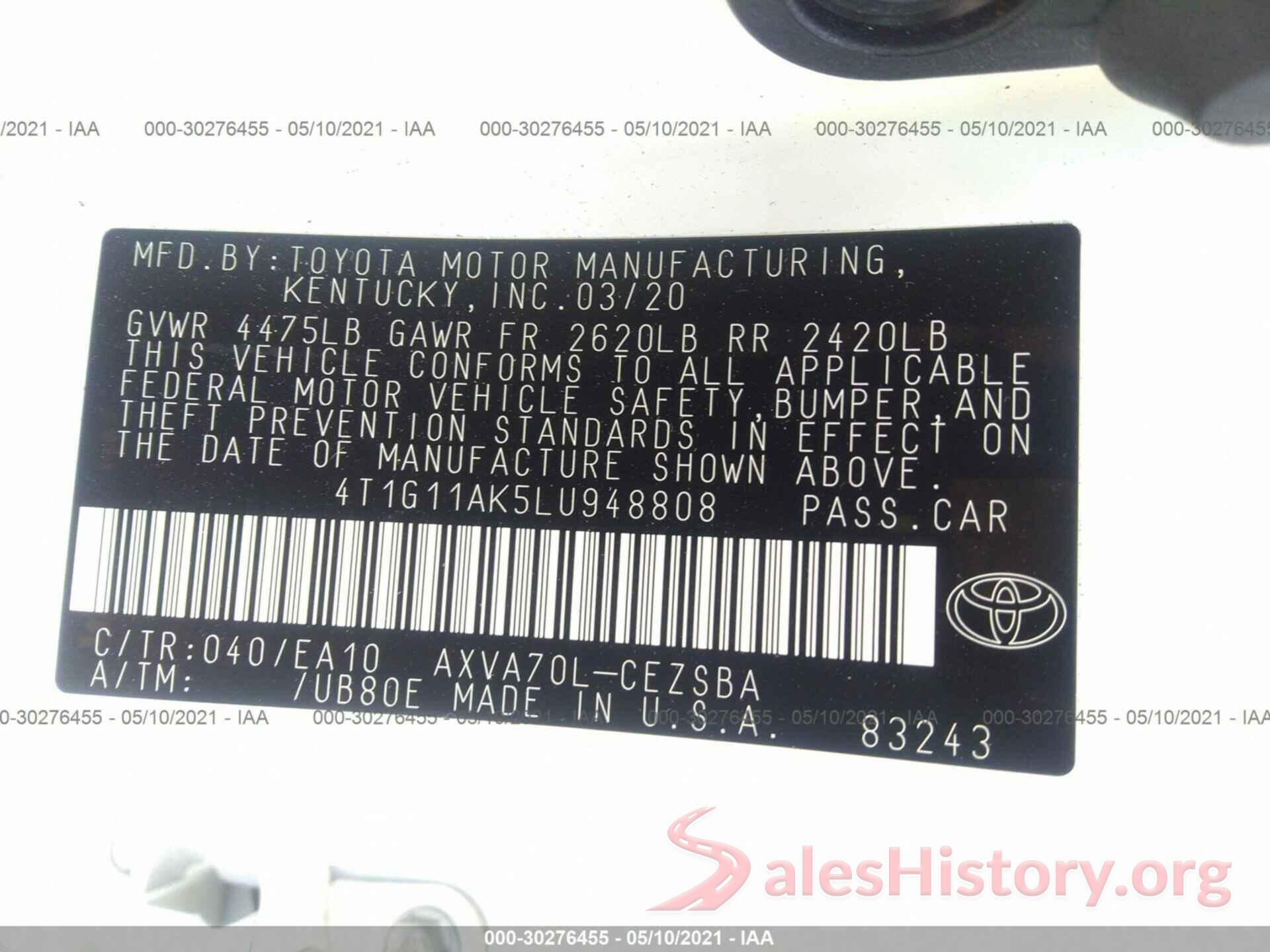 4T1G11AK5LU948808 2020 TOYOTA CAMRY