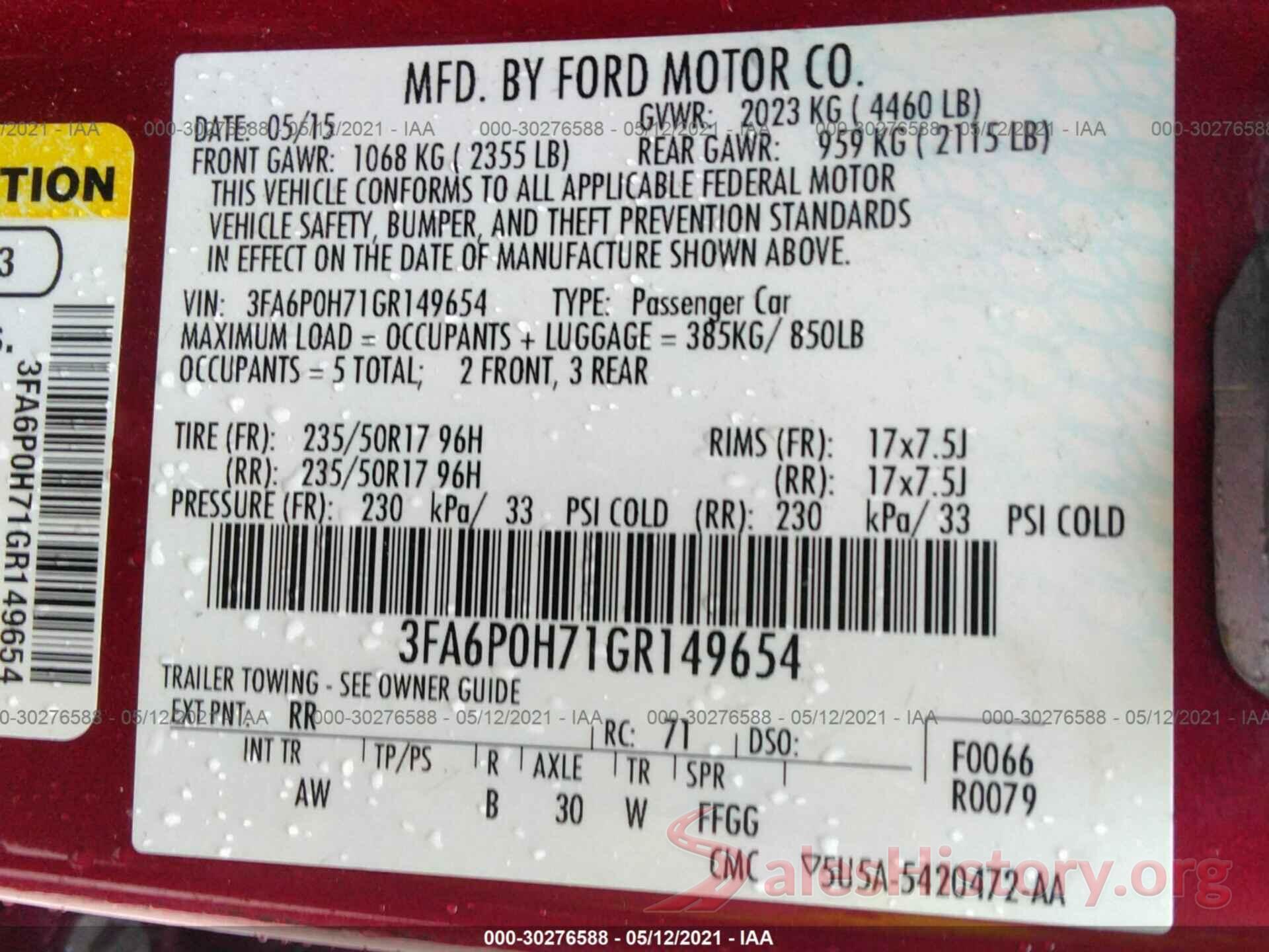 3FA6P0H71GR149654 2016 FORD FUSION