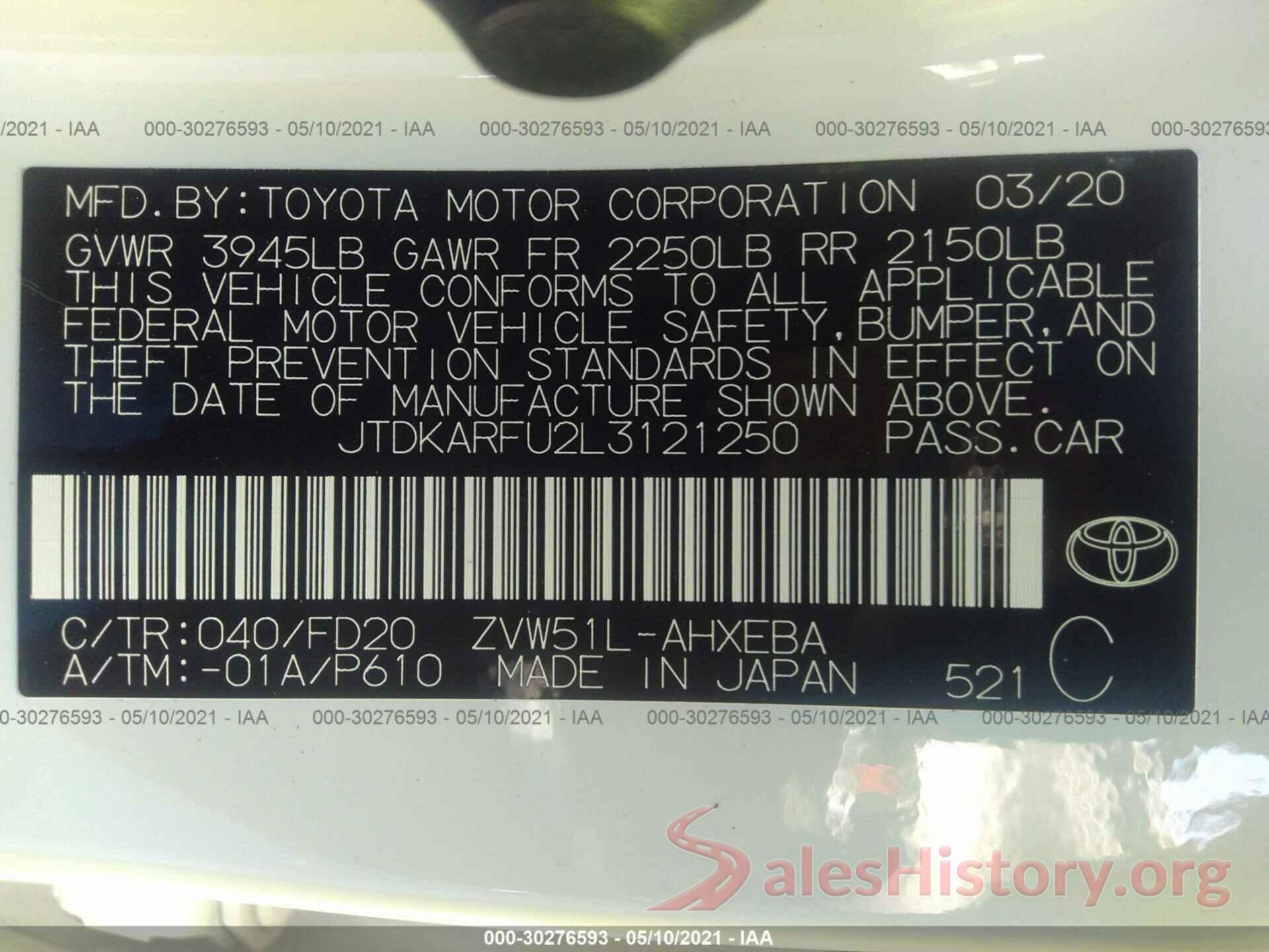 JTDKARFU2L3121250 2020 TOYOTA PRIUS