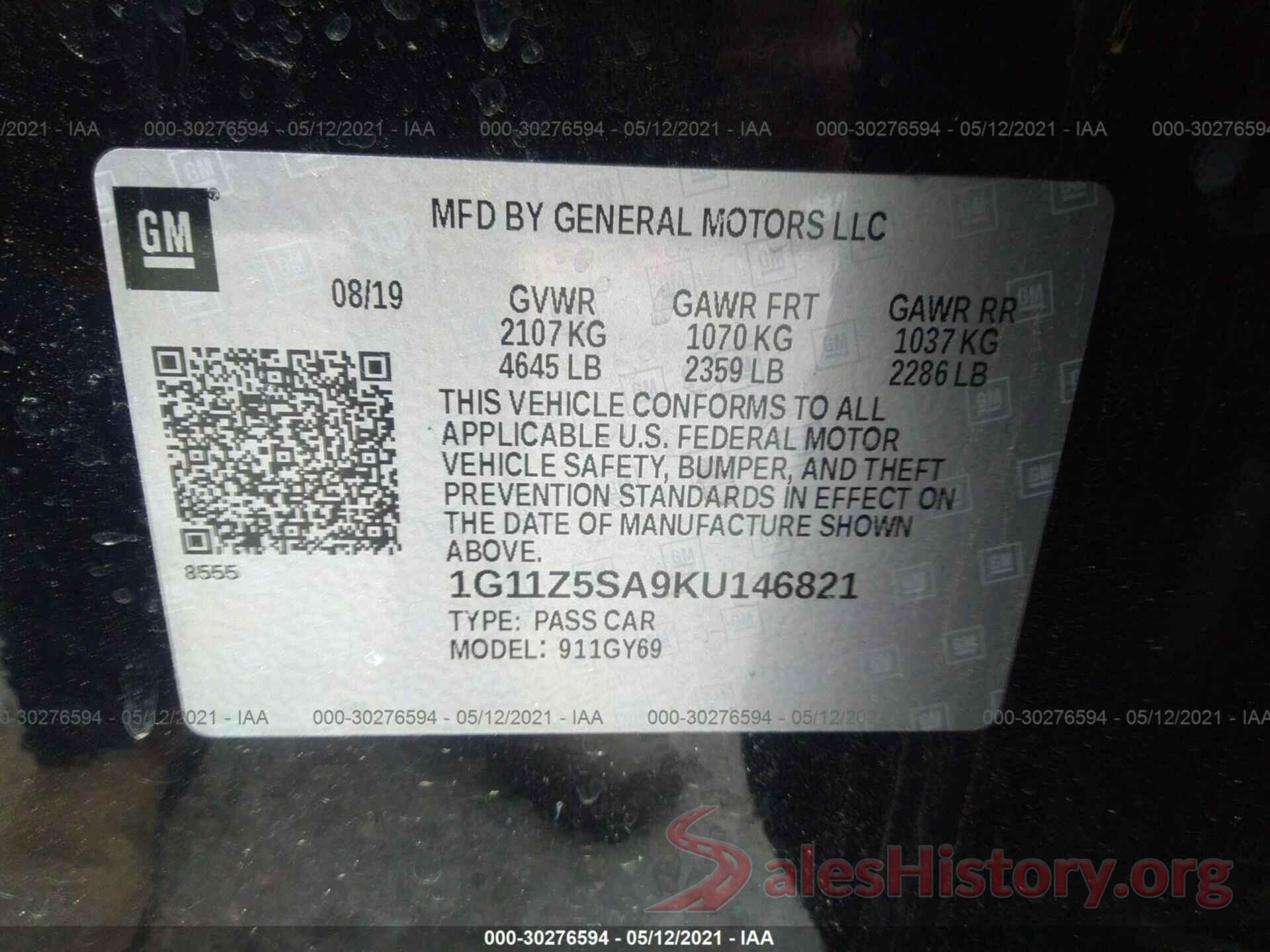 1G11Z5SA9KU146821 2019 CHEVROLET IMPALA