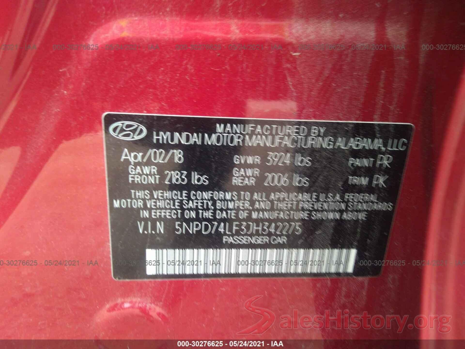 5NPD74LF3JH342275 2018 HYUNDAI ELANTRA