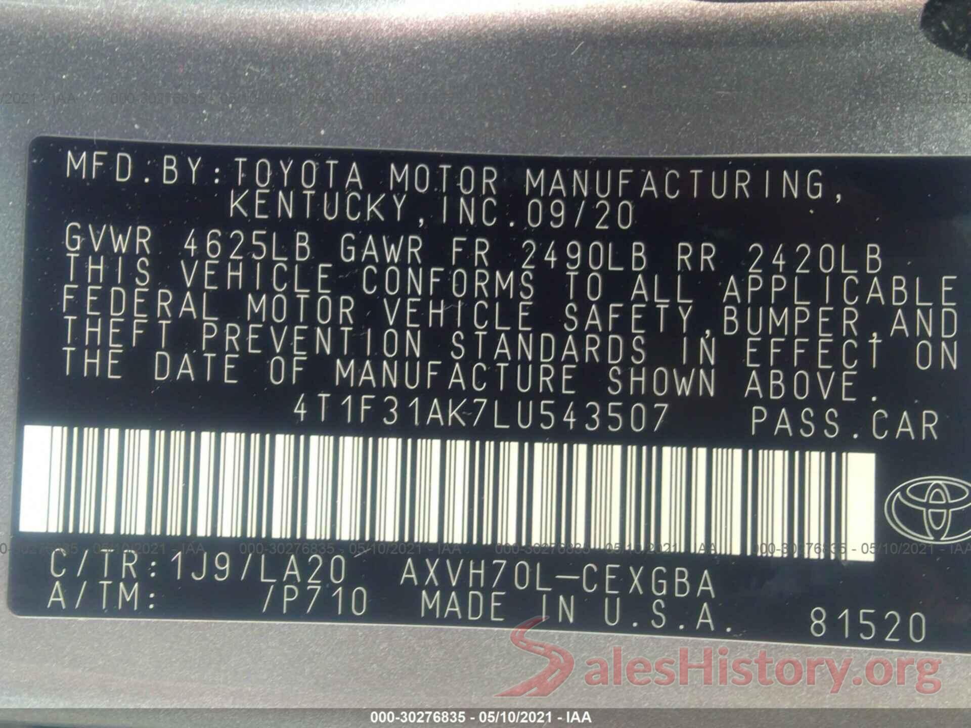 4T1F31AK7LU543507 2020 TOYOTA CAMRY