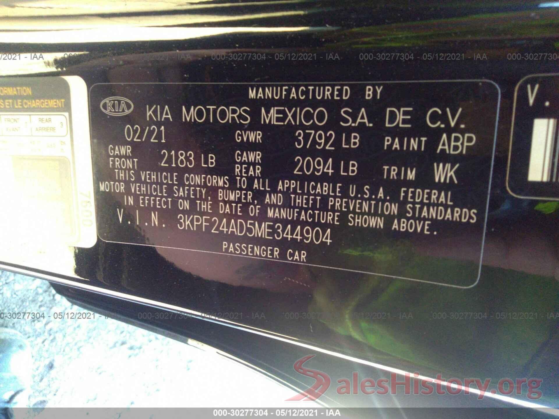 3KPF24AD5ME344904 2021 KIA FORTE