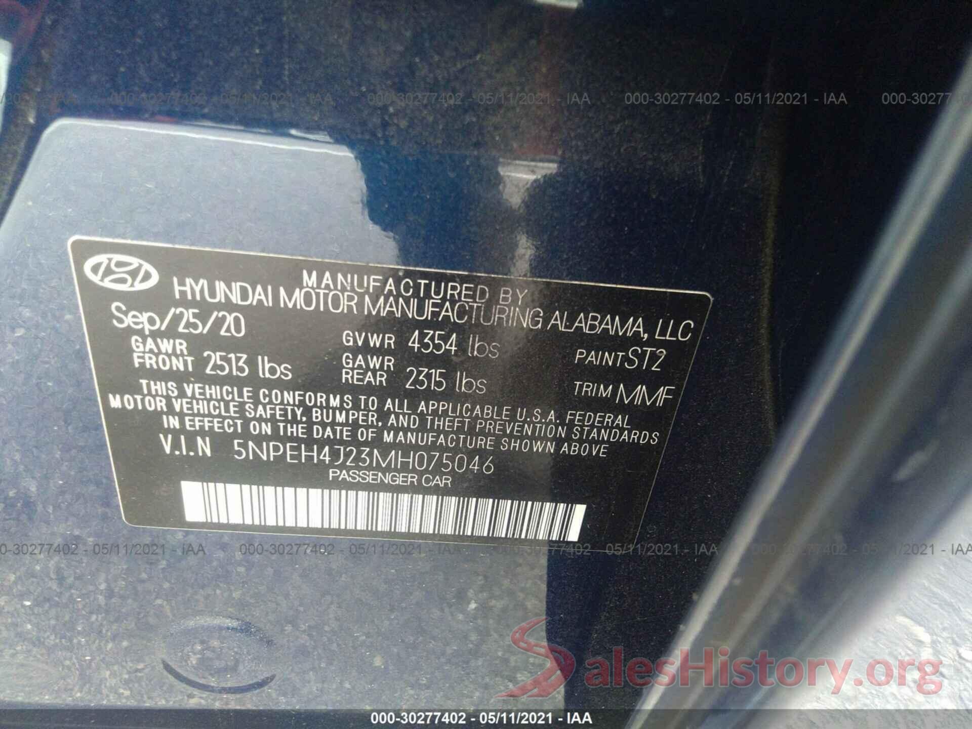 5NPEH4J23MH075046 2021 HYUNDAI SONATA