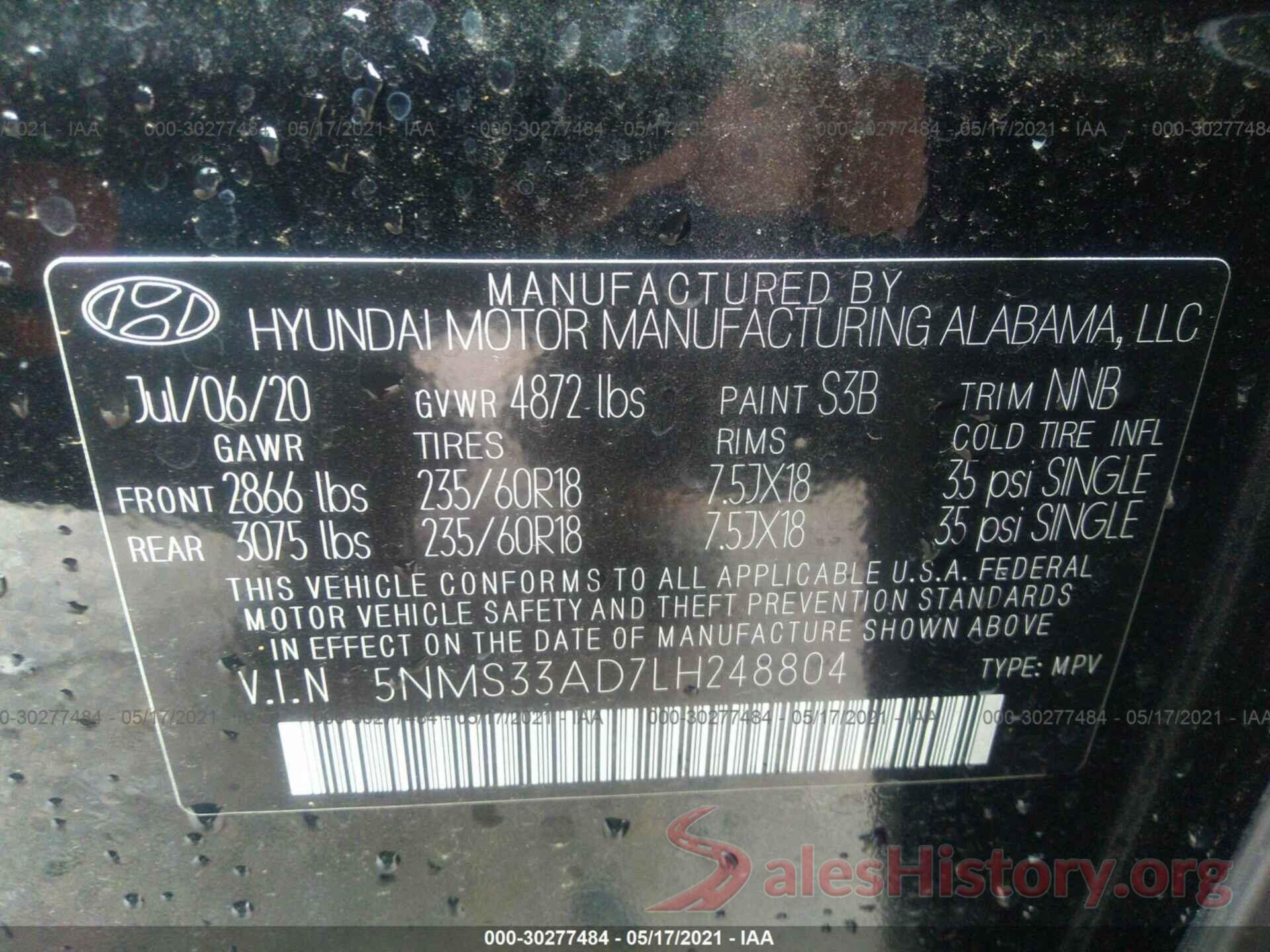 5NMS33AD7LH248804 2020 HYUNDAI SANTA FE