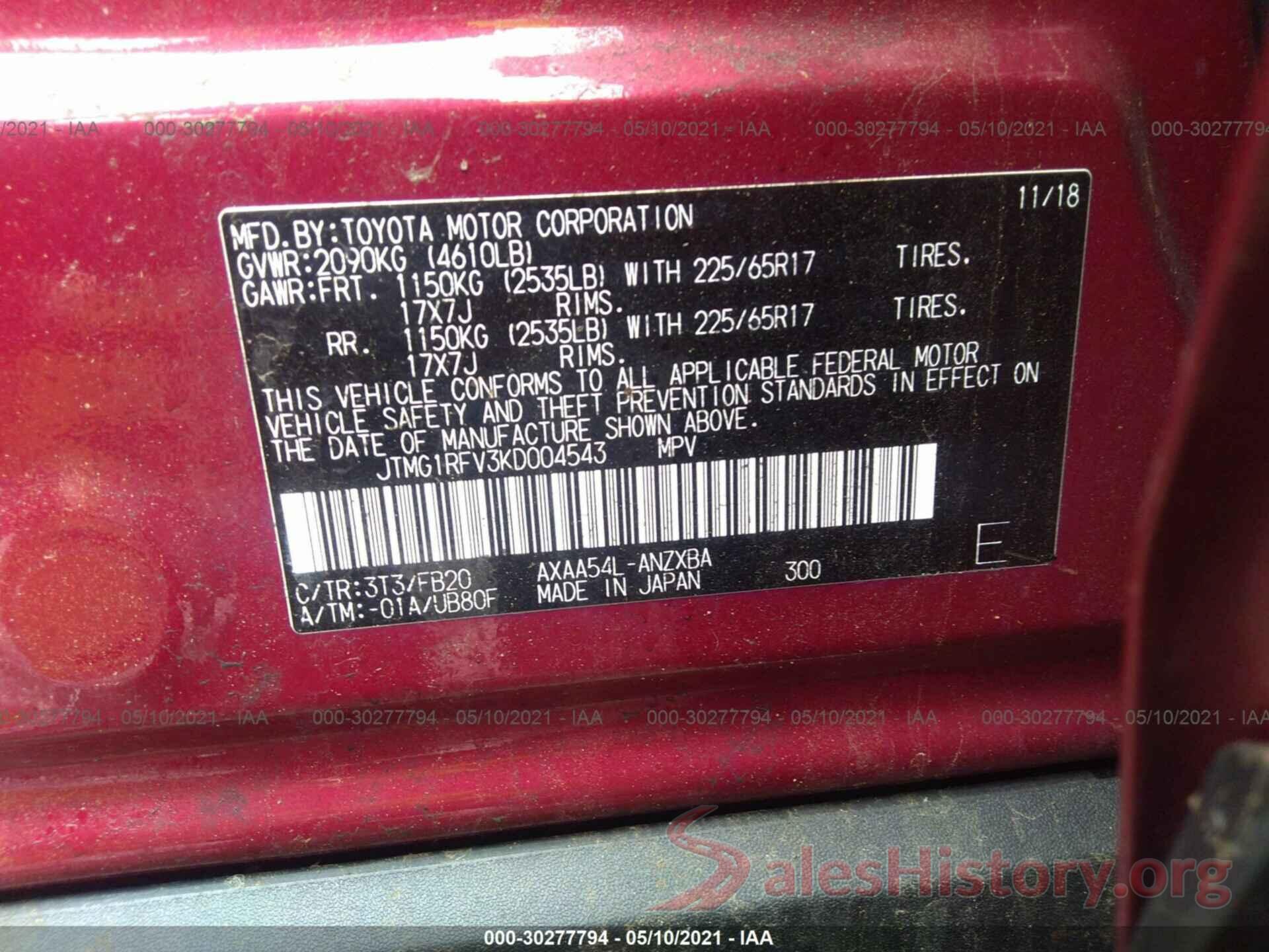 JTMG1RFV3KD004543 2019 TOYOTA RAV4