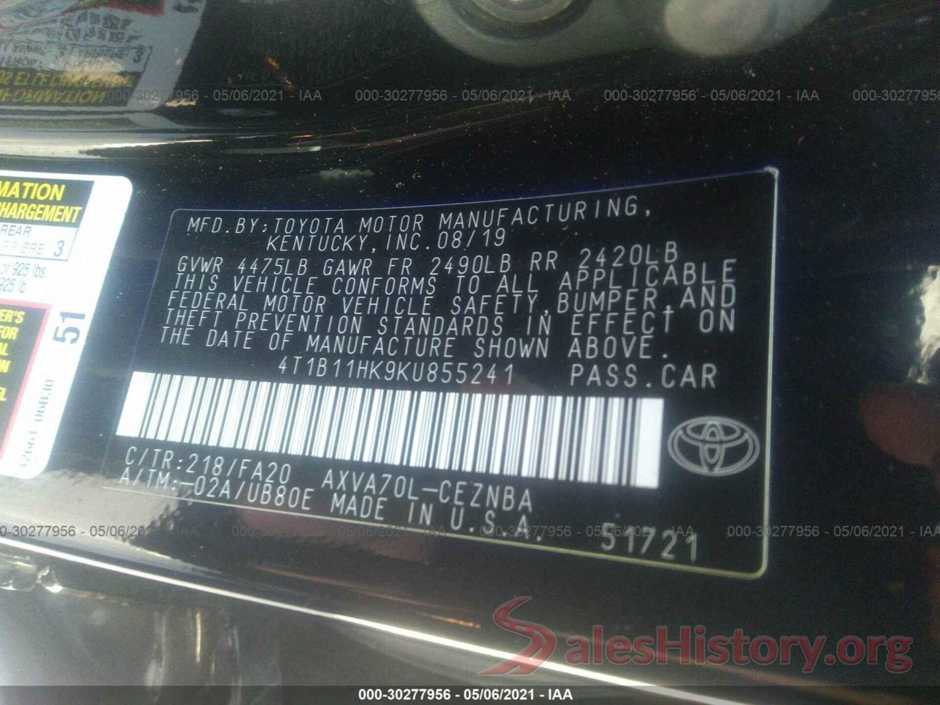 4T1B11HK9KU855241 2019 TOYOTA CAMRY