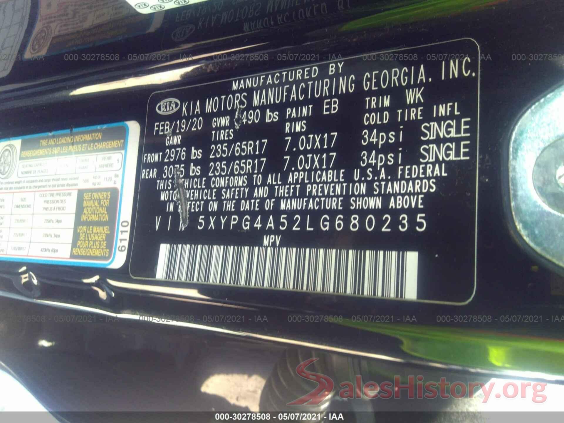 5XYPG4A52LG680235 2020 KIA SORENTO