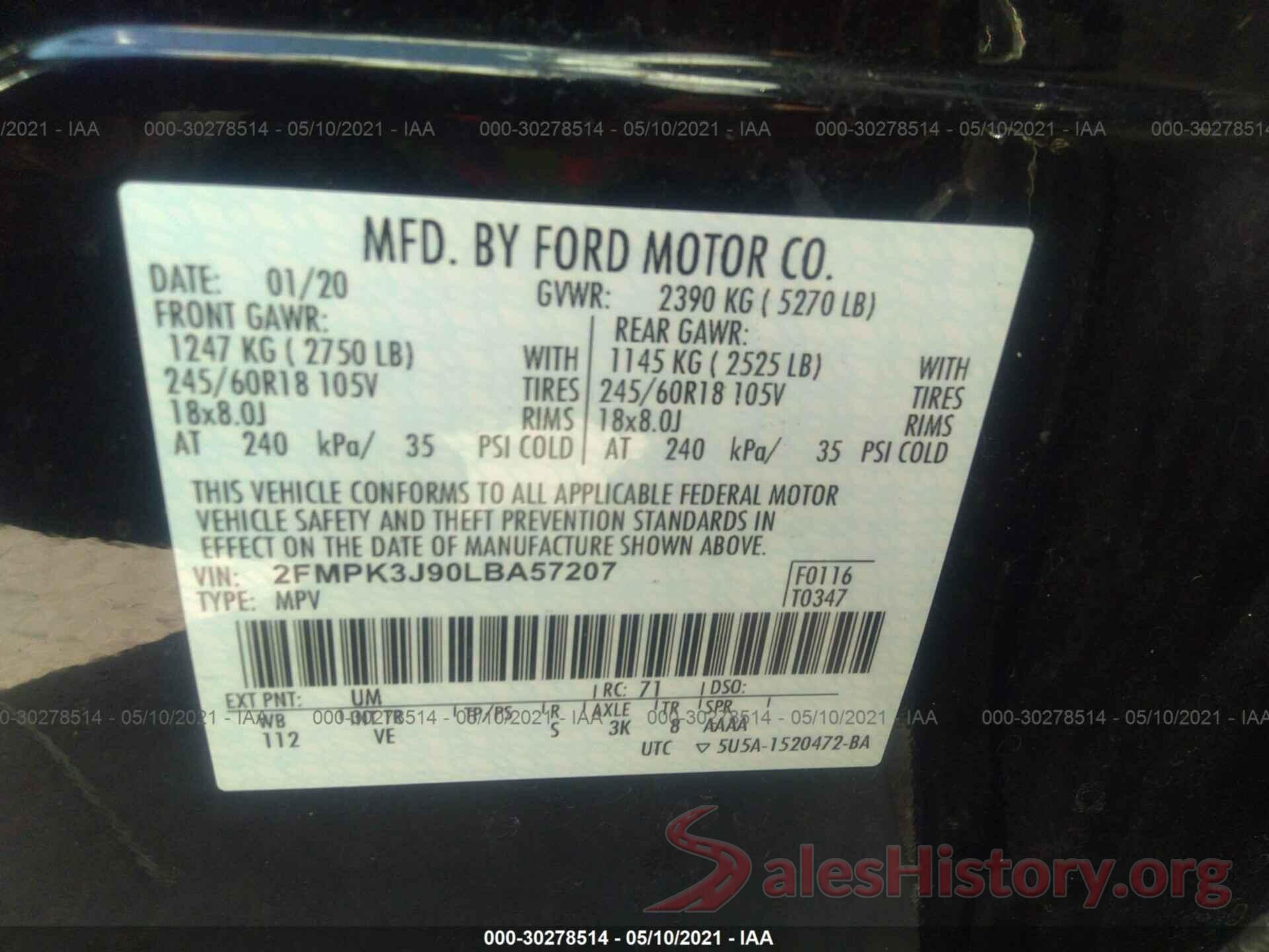 2FMPK3J90LBA57207 2020 FORD EDGE