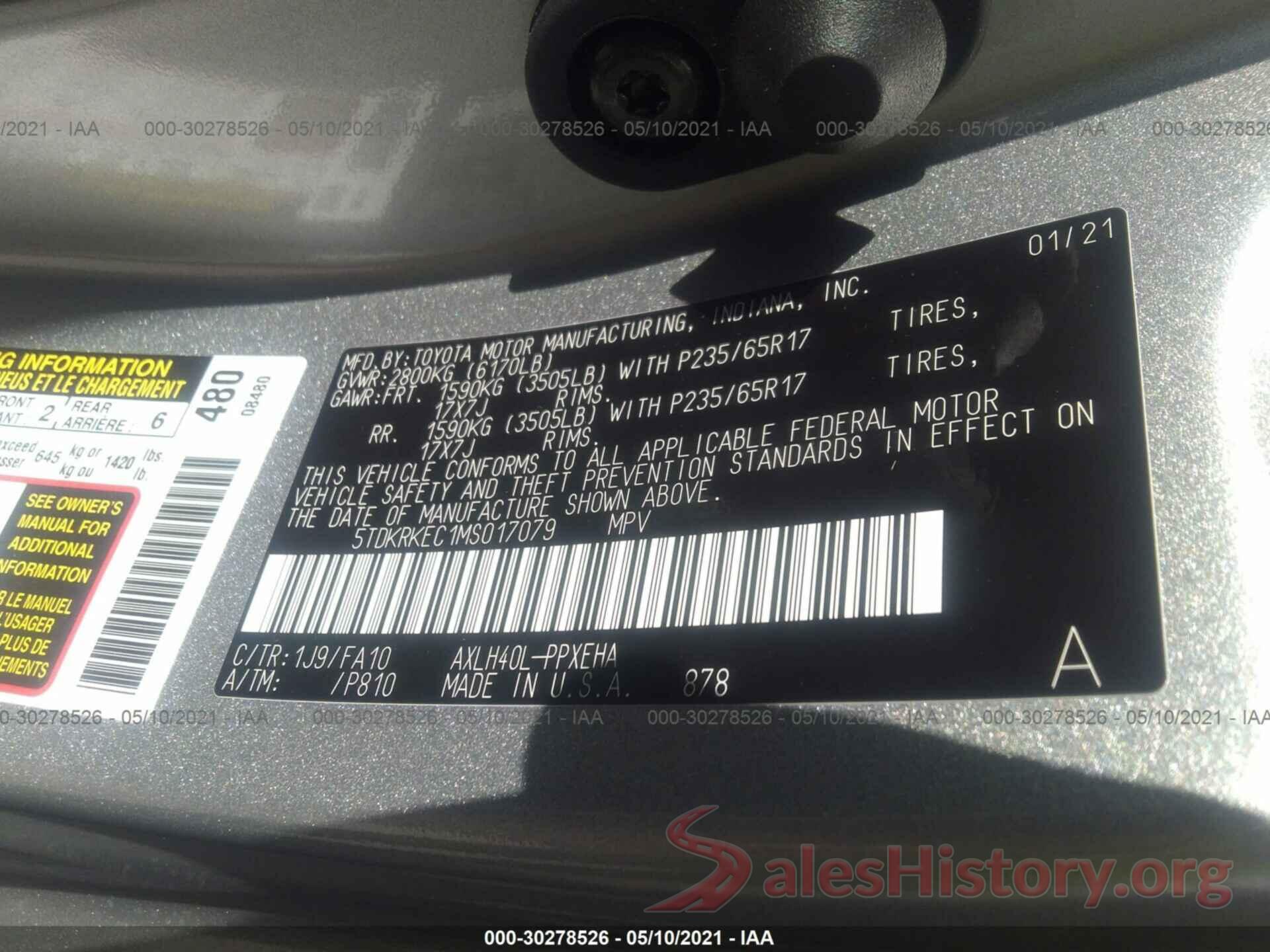 5TDKRKEC1MS017079 2021 TOYOTA SIENNA