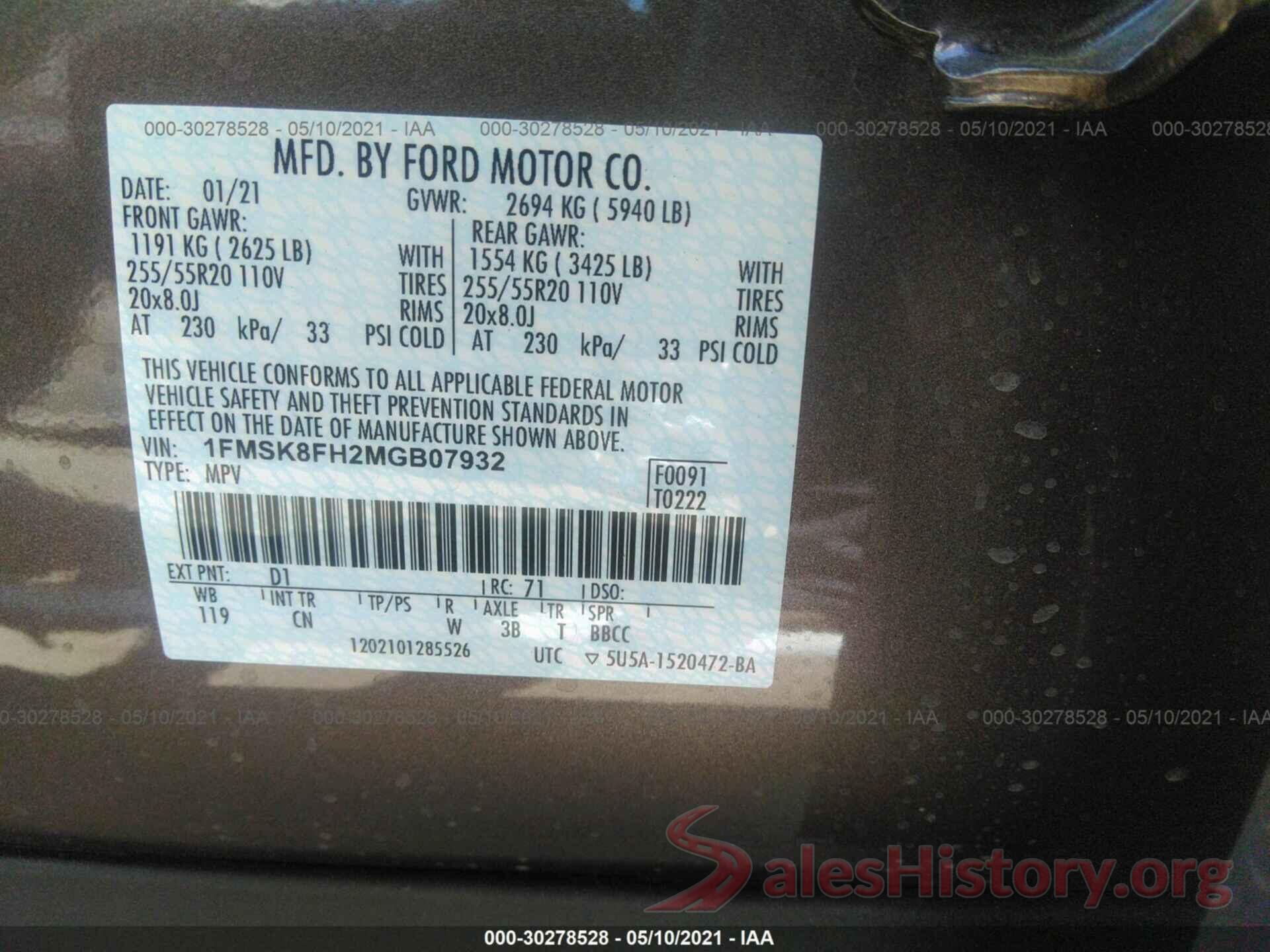 1FMSK8FH2MGB07932 2021 FORD EXPLORER