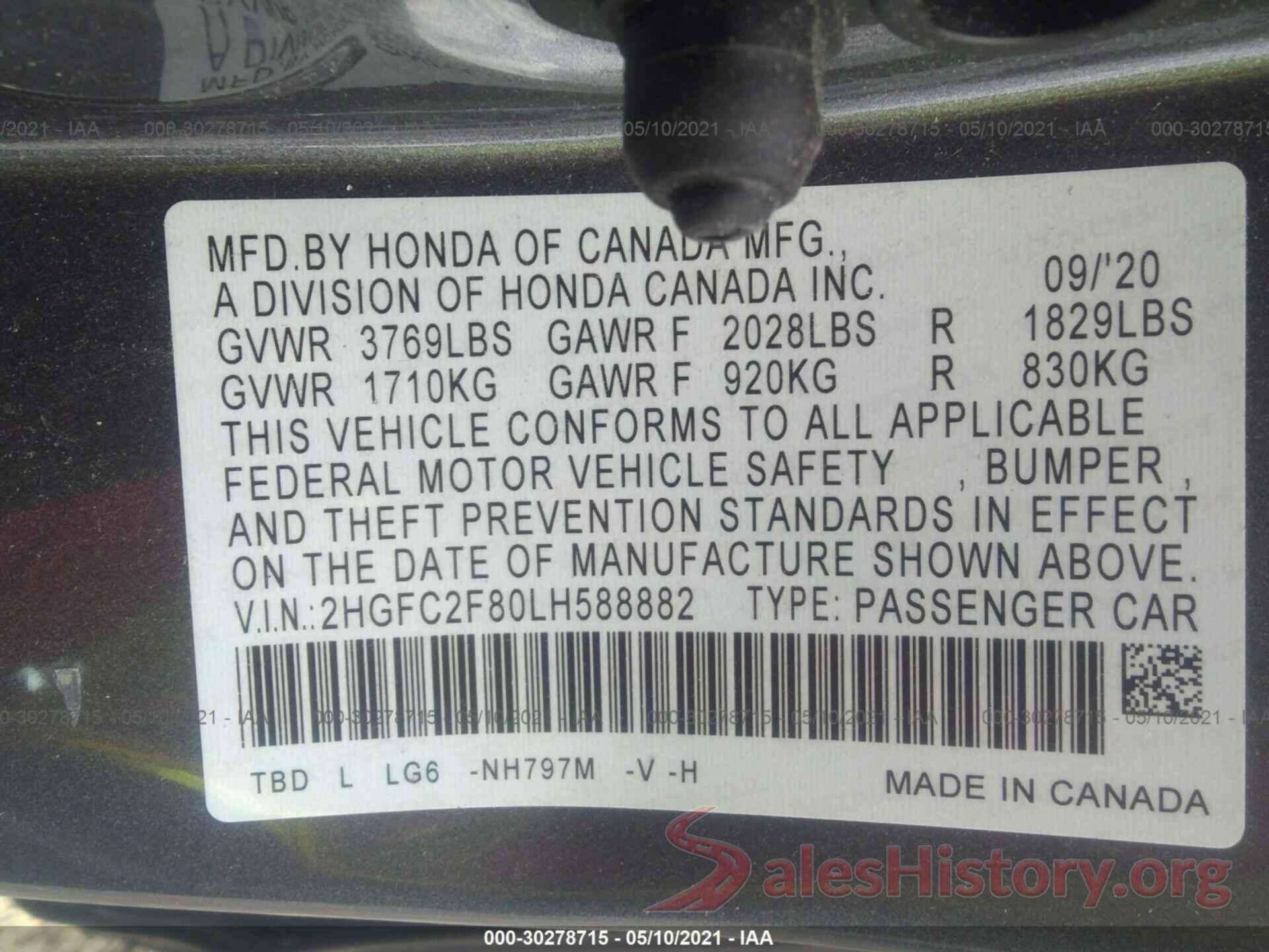 2HGFC2F80LH588882 2020 HONDA CIVIC SEDAN