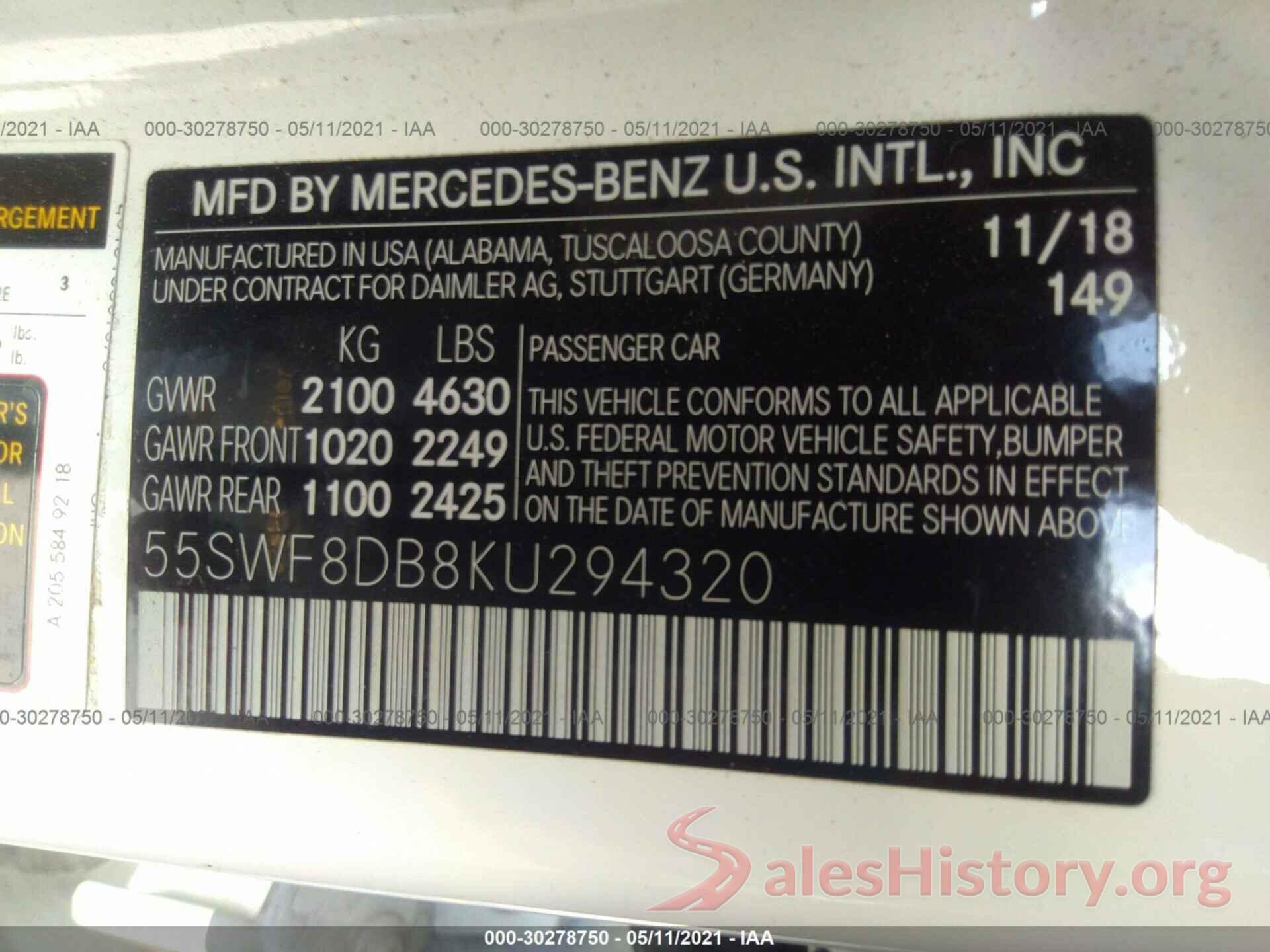 55SWF8DB8KU294320 2019 MERCEDES-BENZ C-CLASS