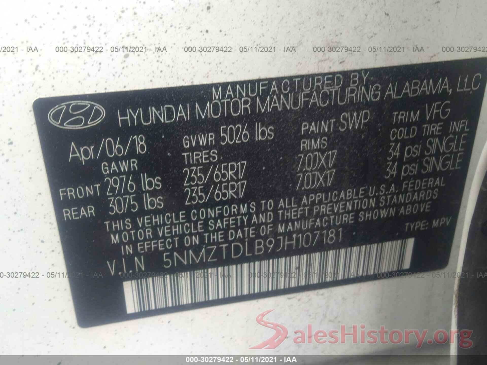 5NMZTDLB9JH107181 2018 HYUNDAI SANTA FE SPORT