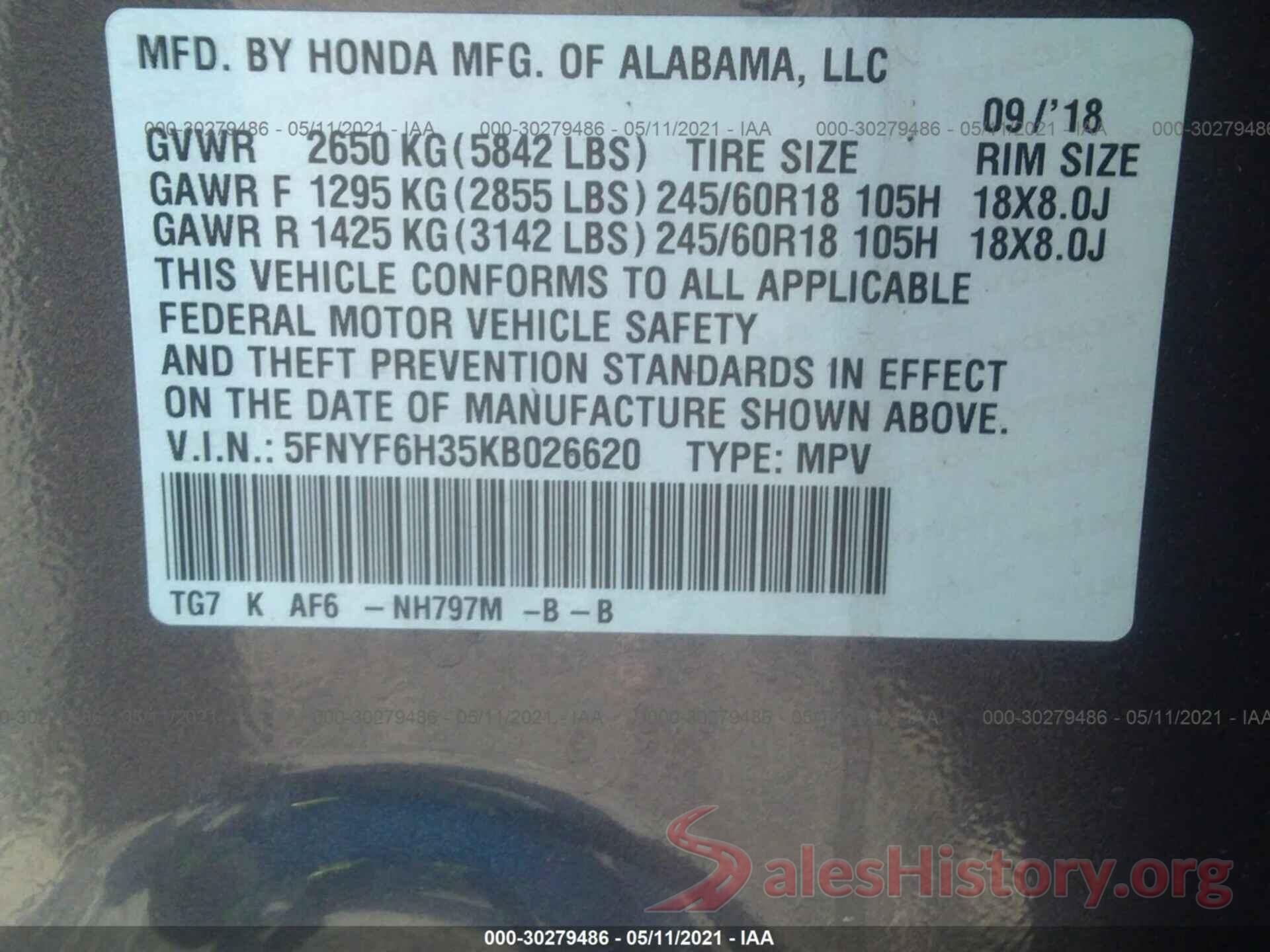 5FNYF6H35KB026620 2019 HONDA PILOT