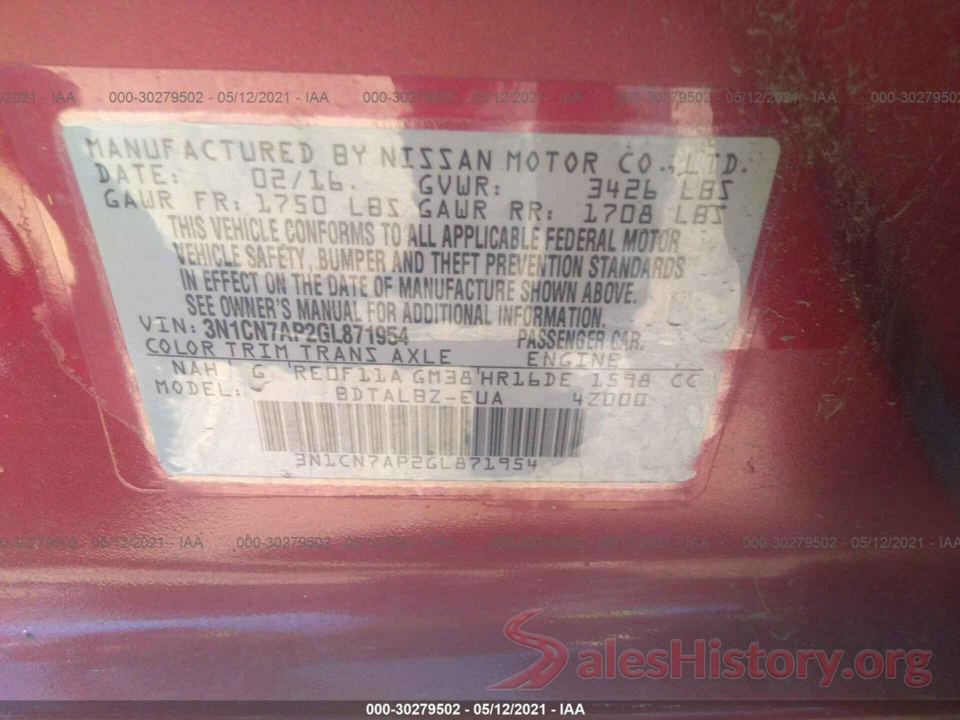 3N1CN7AP2GL871954 2016 NISSAN VERSA