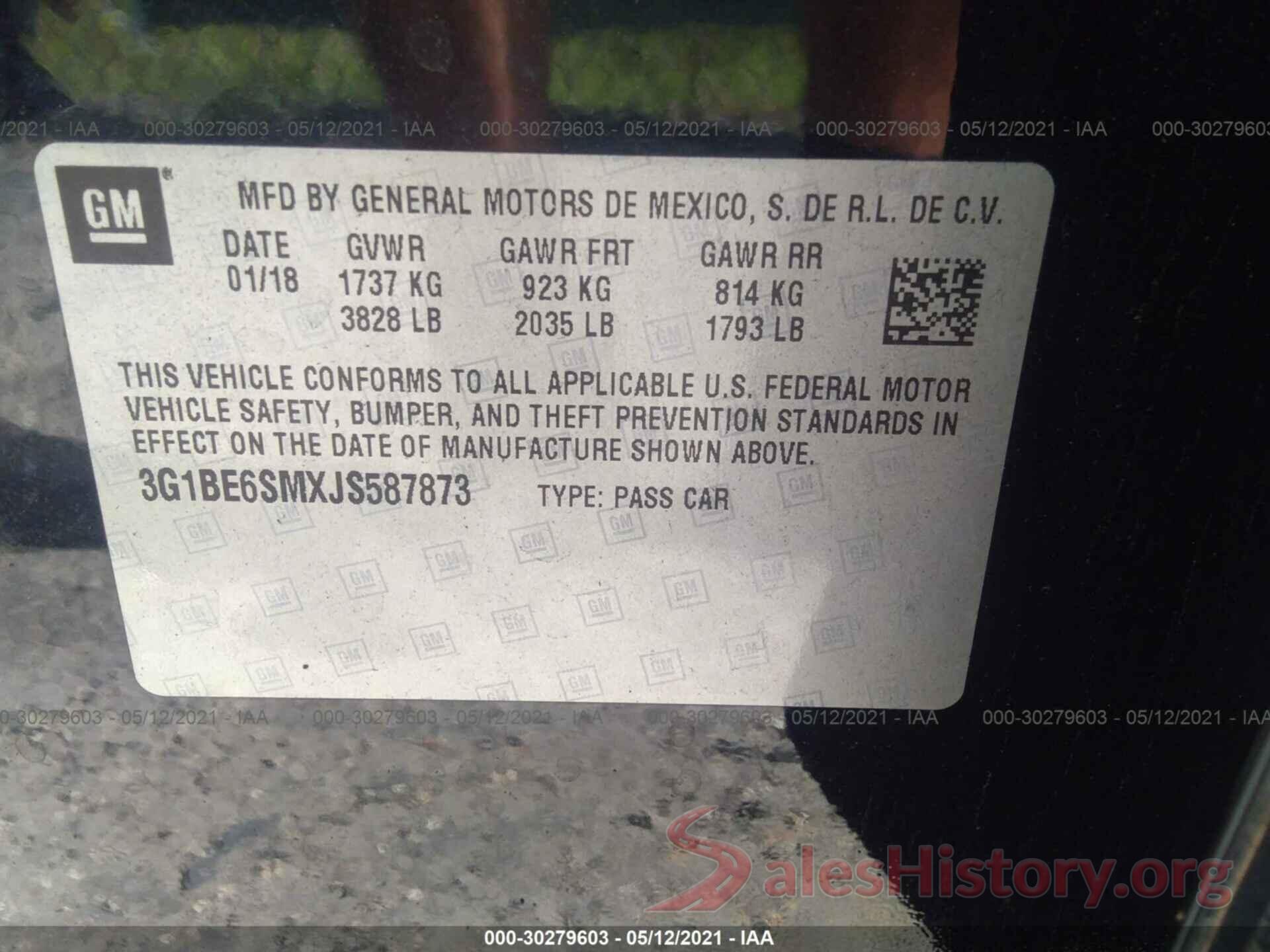 3G1BE6SMXJS587873 2018 CHEVROLET CRUZE