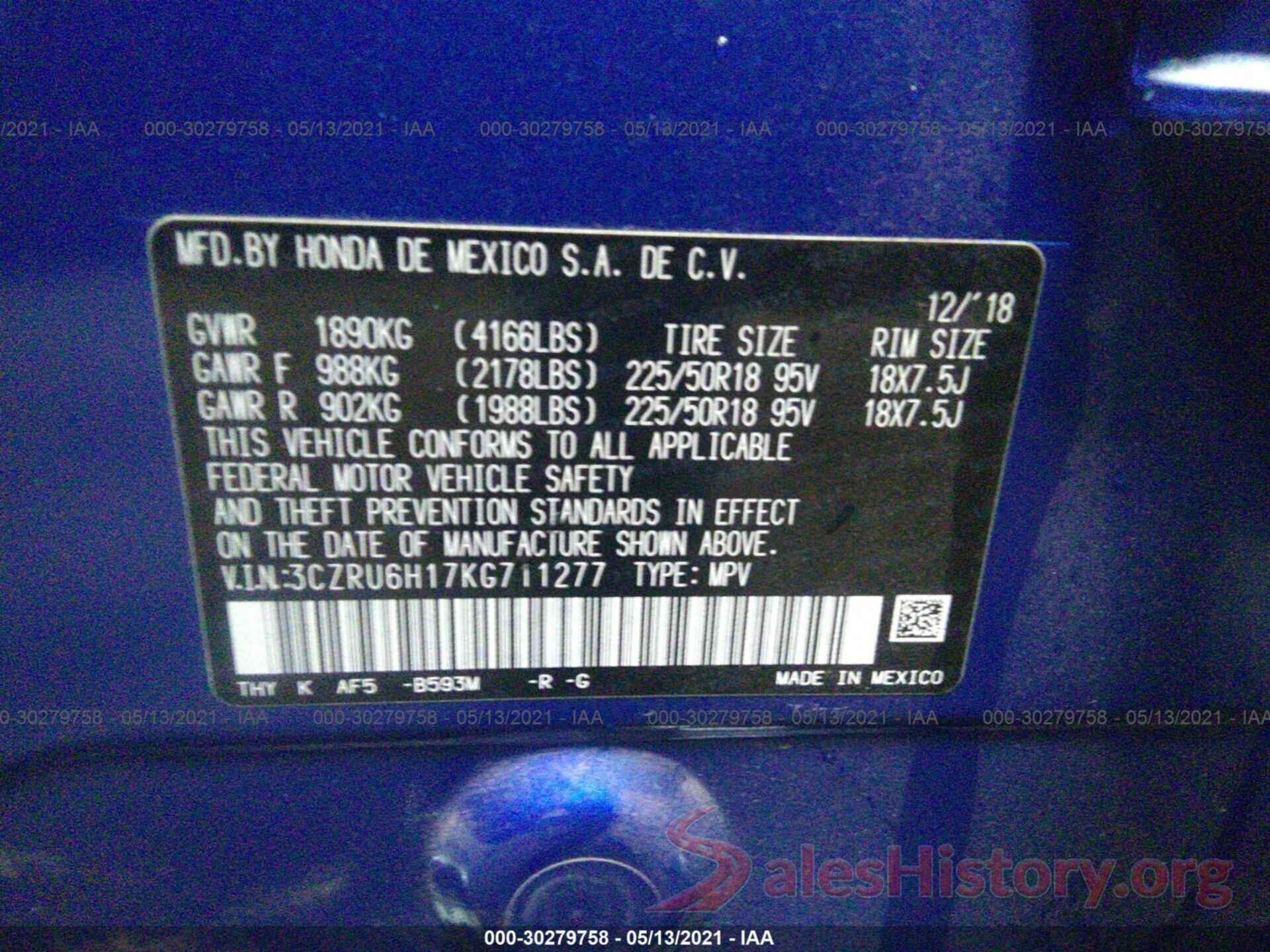 3CZRU6H17KG711277 2019 HONDA HR-V