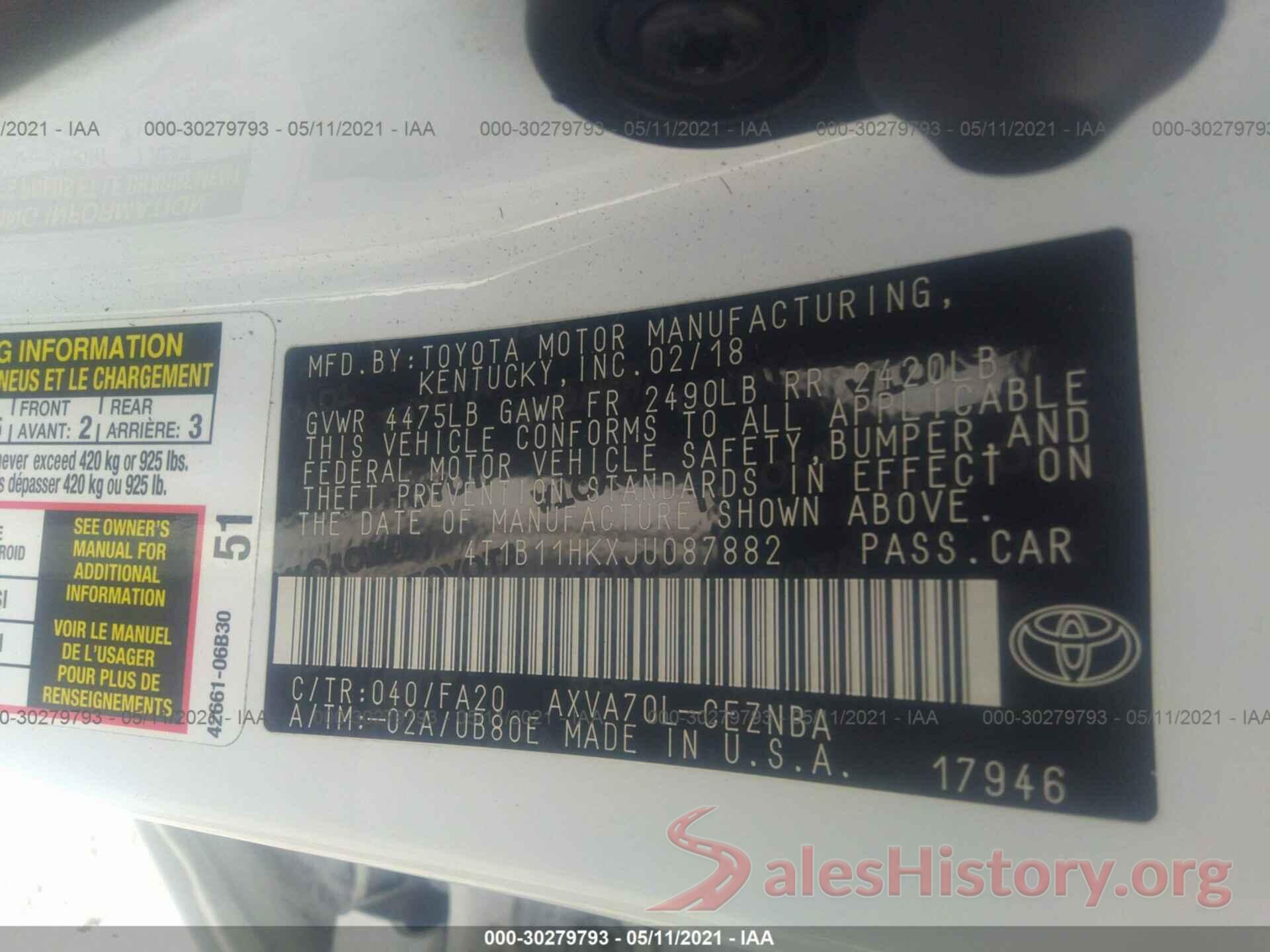 4T1B11HKXJU087882 2018 TOYOTA CAMRY