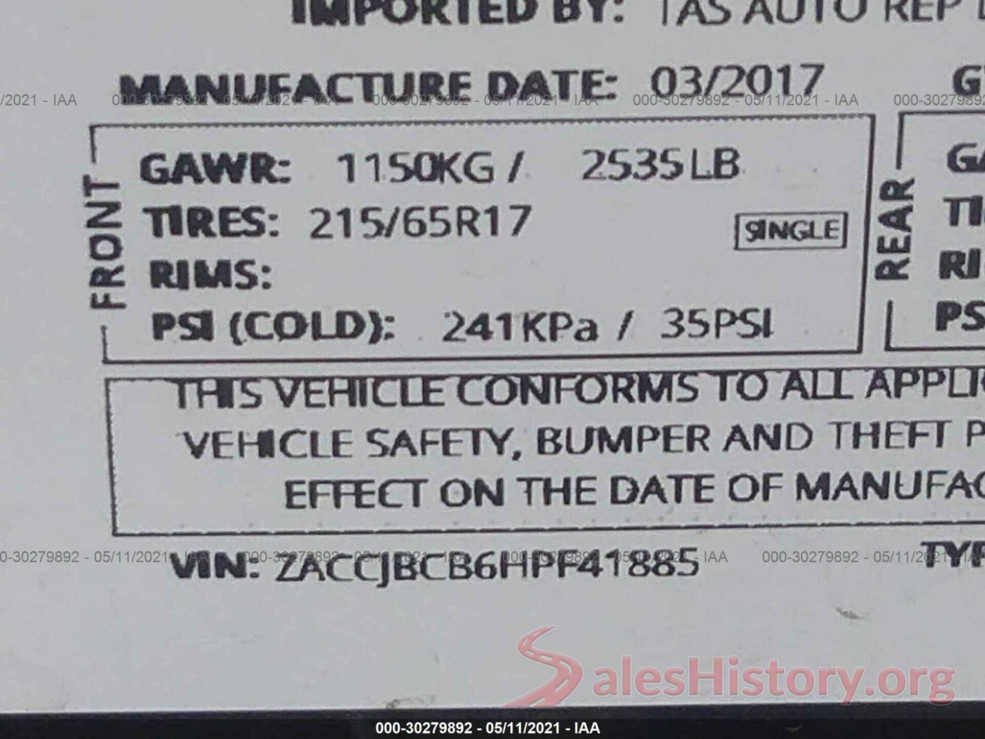 ZACCJBCB6HPF41885 2017 JEEP RENEGADE