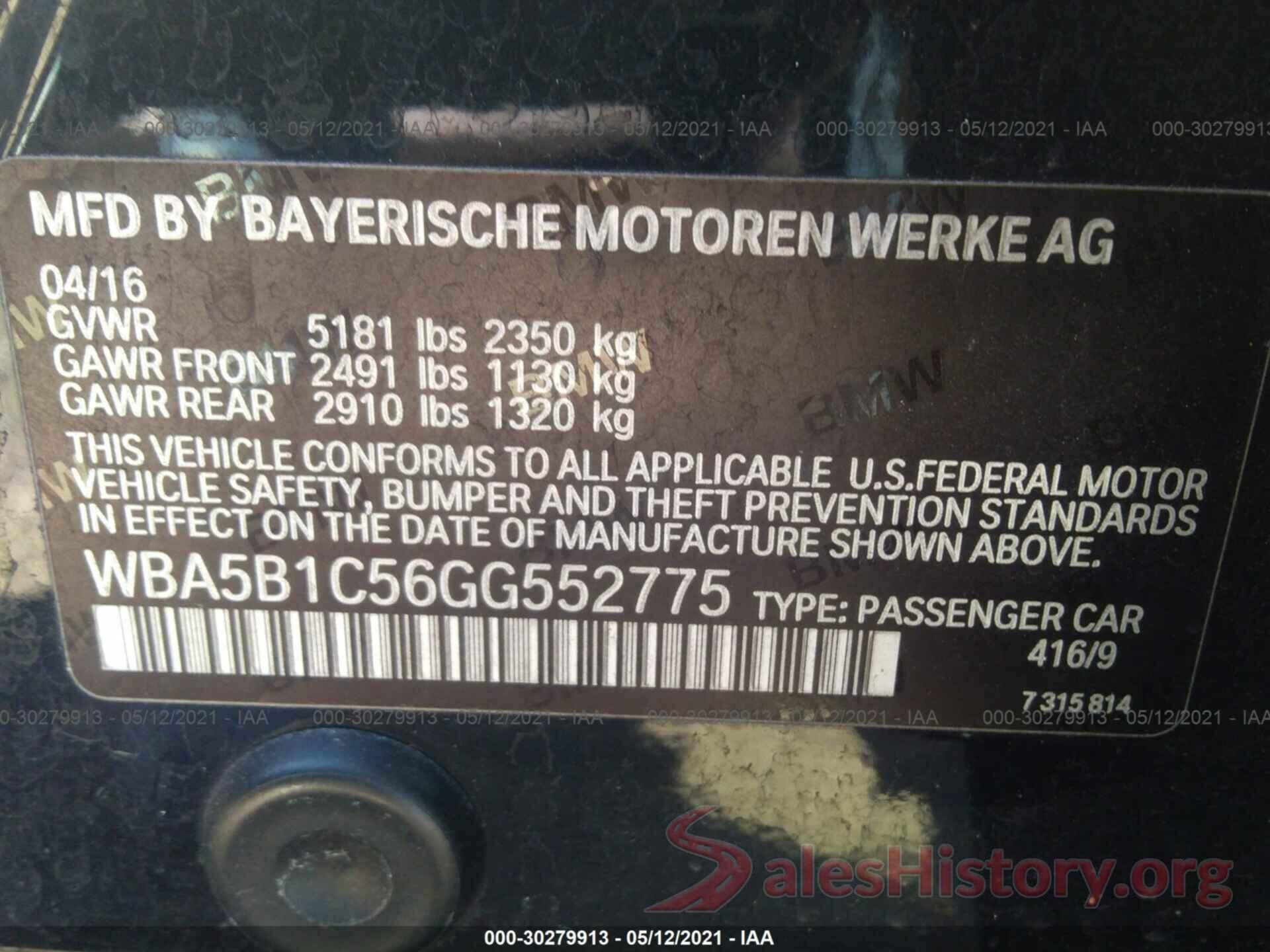 WBA5B1C56GG552775 2016 BMW 5 SERIES