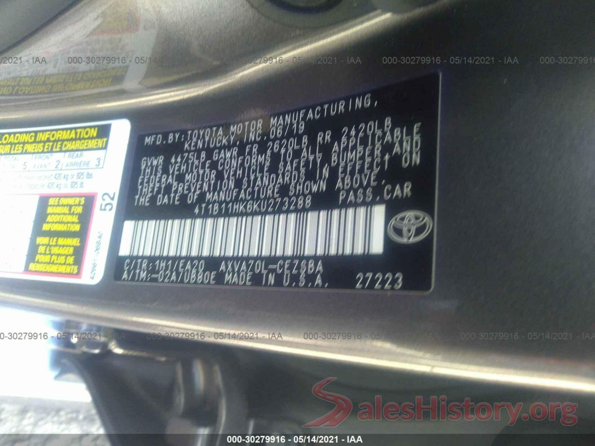 4T1B11HK6KU273288 2019 TOYOTA CAMRY