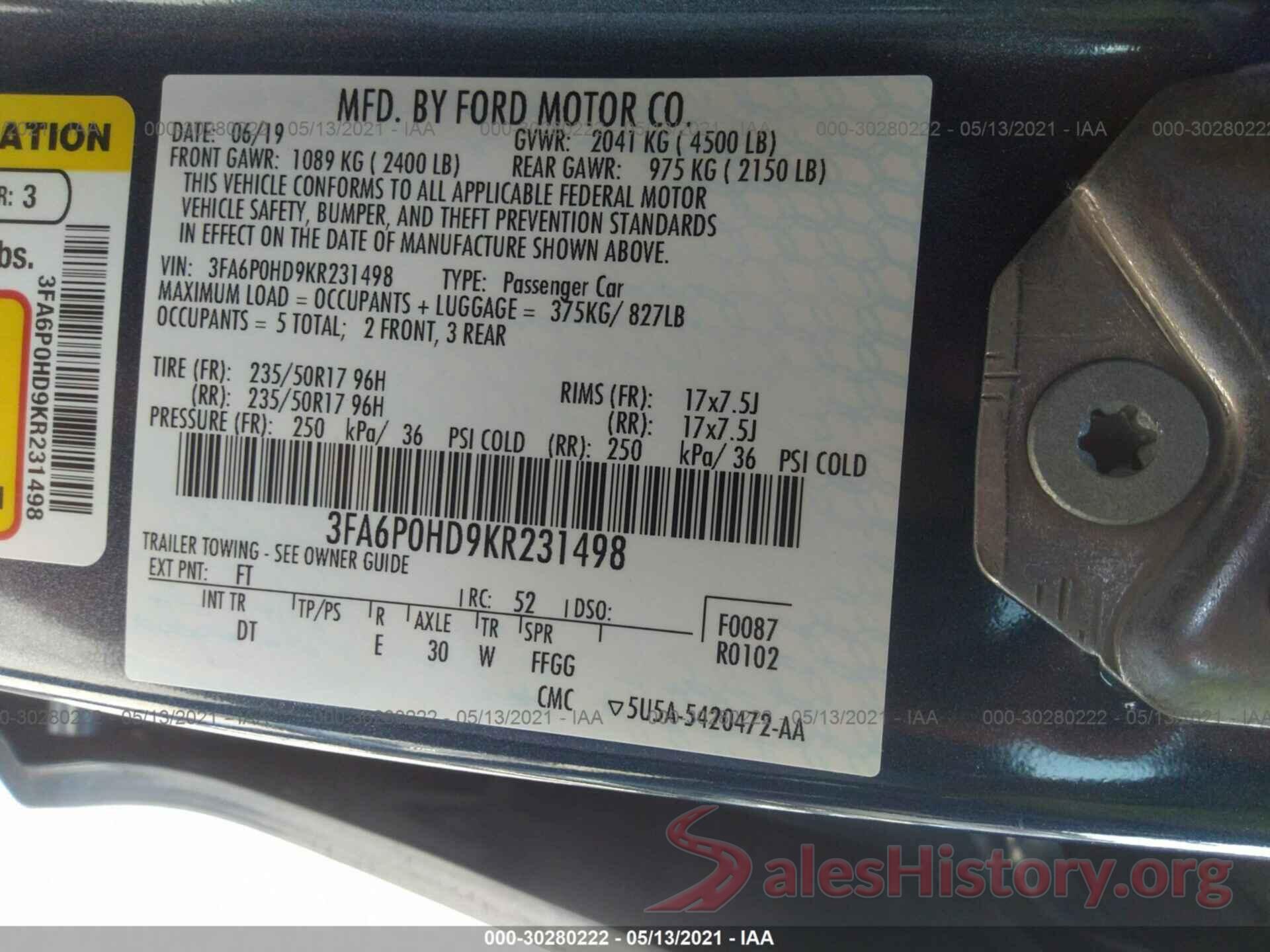 3FA6P0HD9KR231498 2019 FORD FUSION