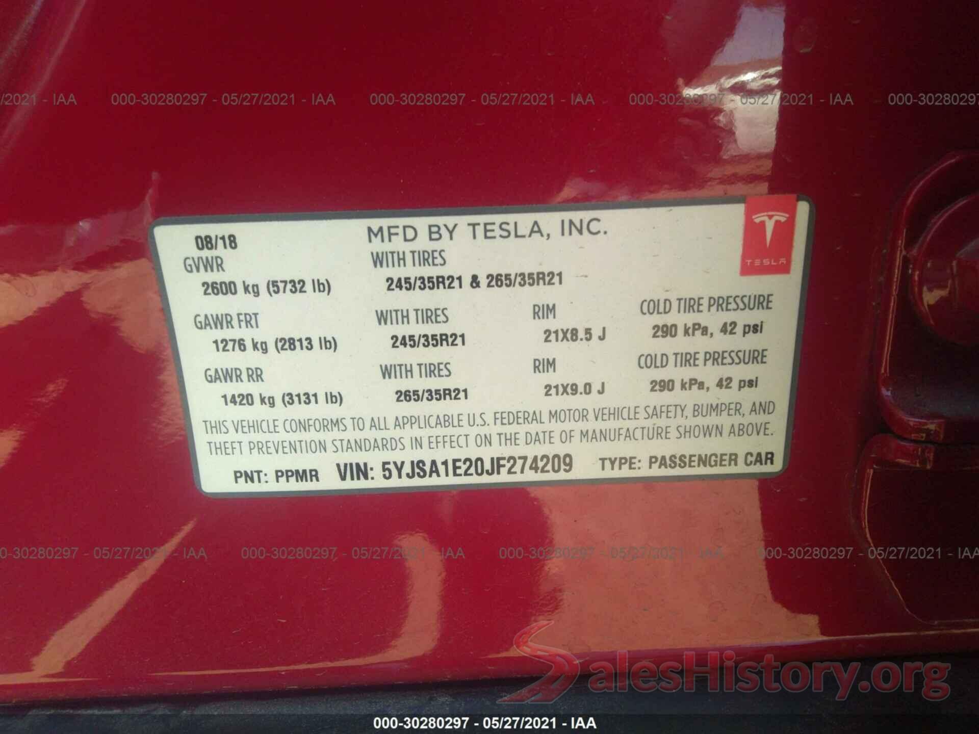 5YJSA1E20JF274209 2018 TESLA MODEL S