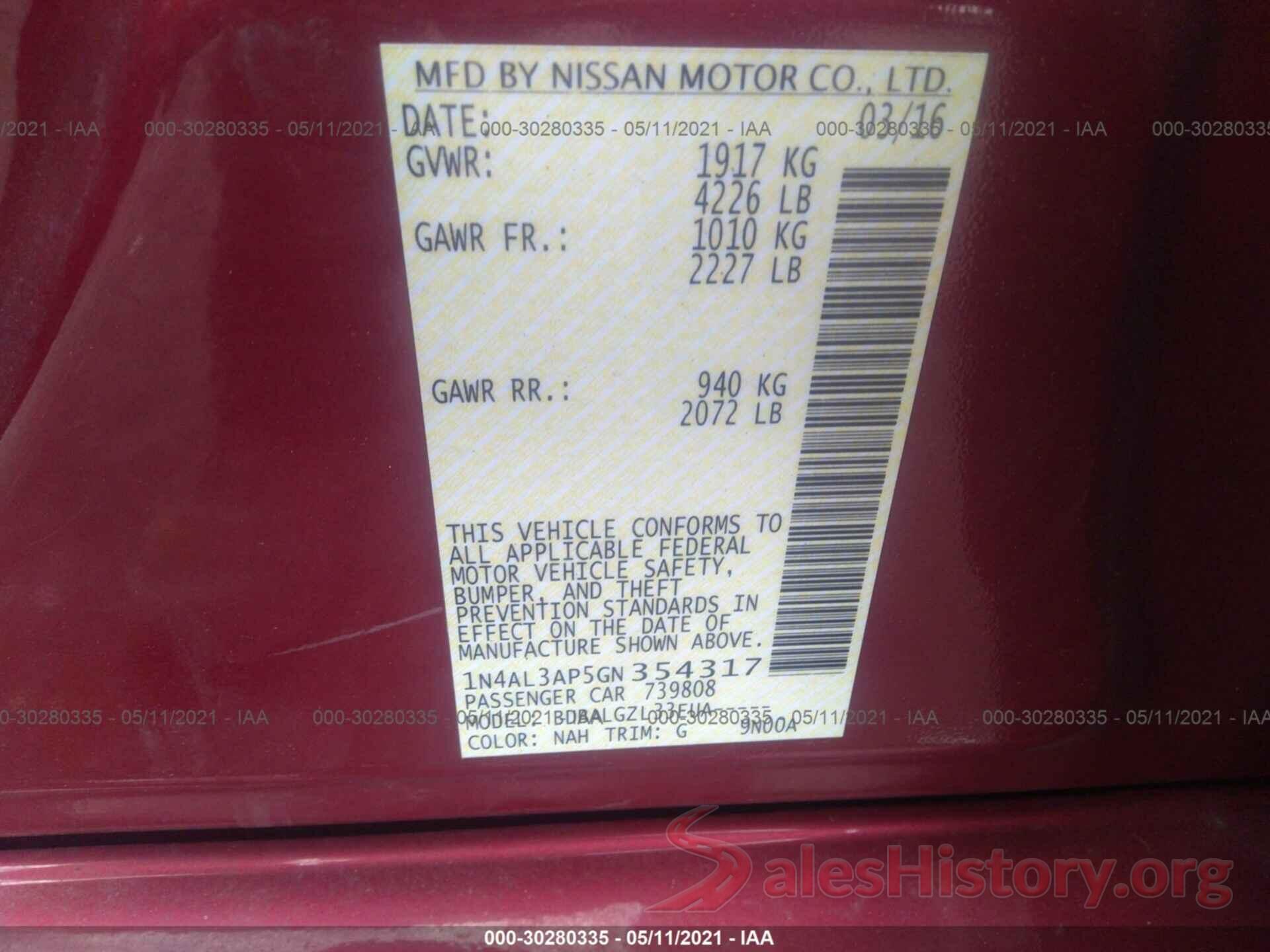 1N4AL3AP5GN354317 2016 NISSAN ALTIMA