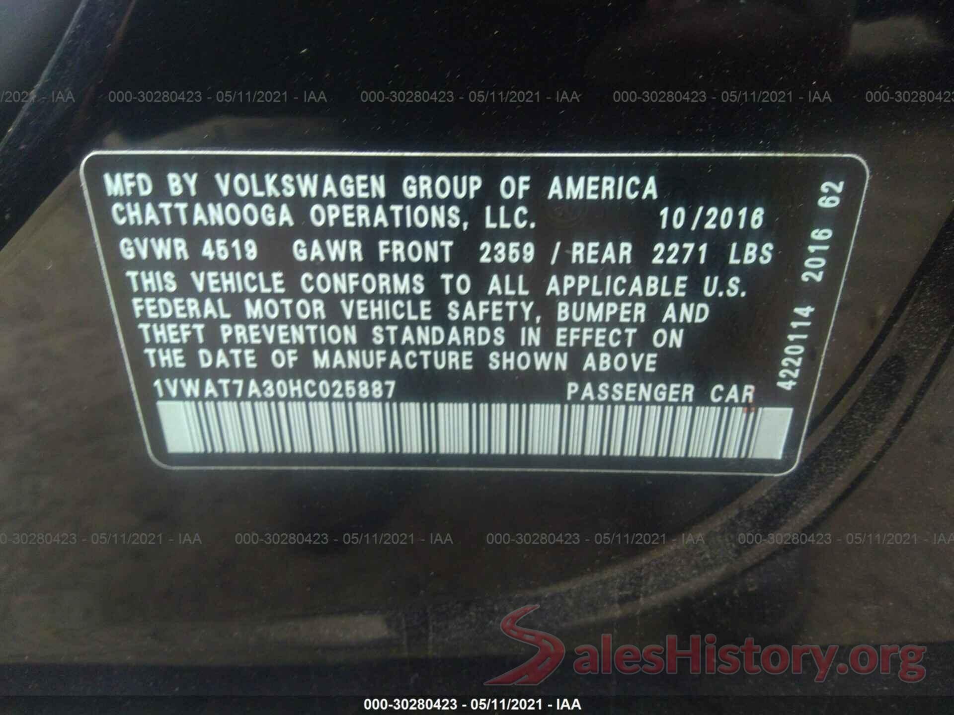 1VWAT7A30HC025887 2017 VOLKSWAGEN PASSAT