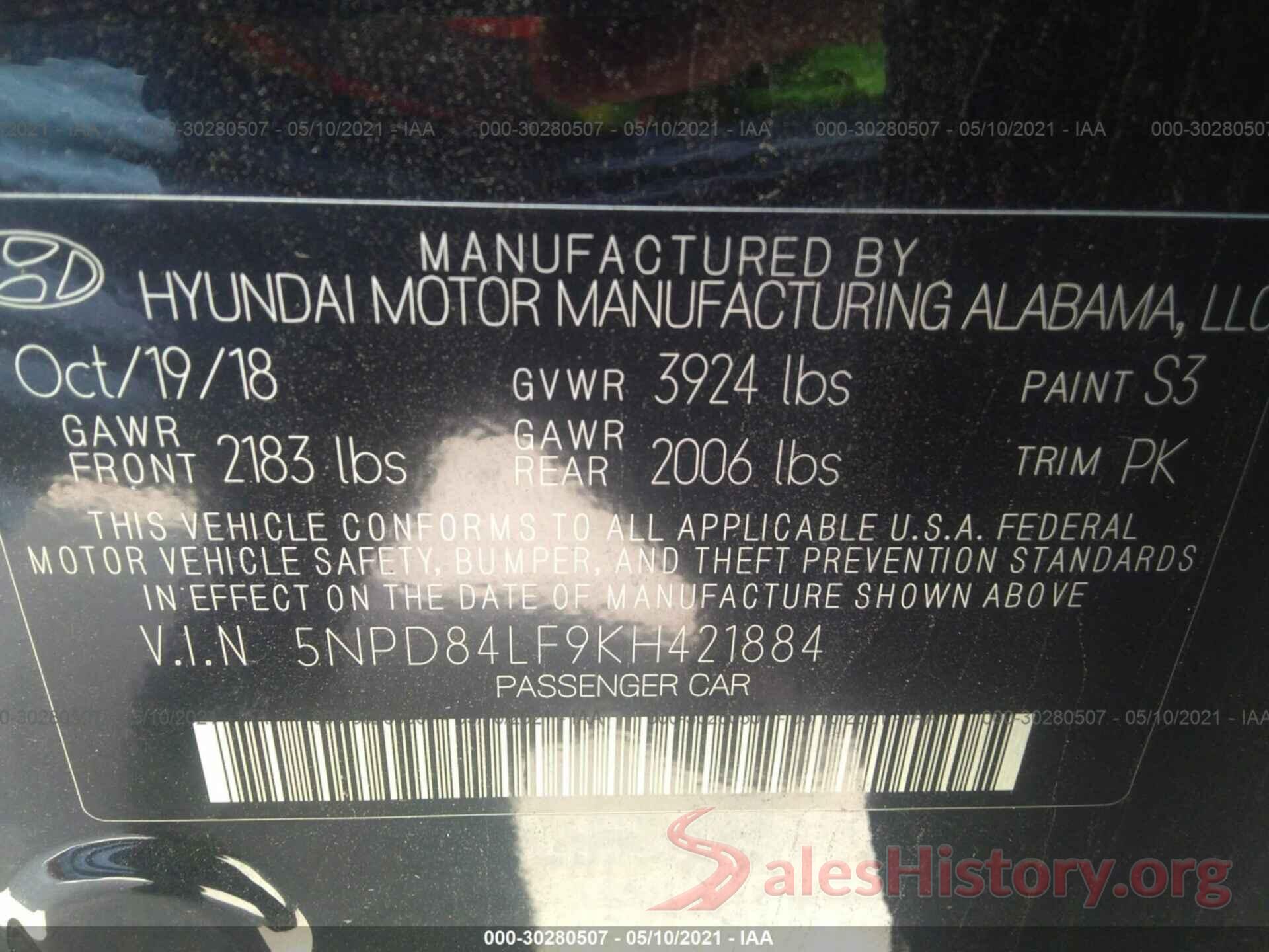 5NPD84LF9KH421884 2019 HYUNDAI ELANTRA