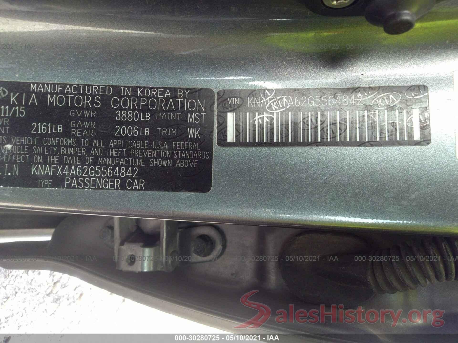 KNAFX4A62G5564842 2016 KIA FORTE