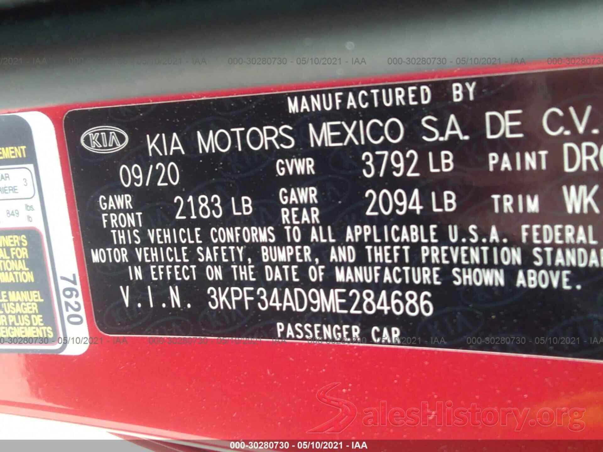 3KPF34AD9ME284686 2021 KIA FORTE