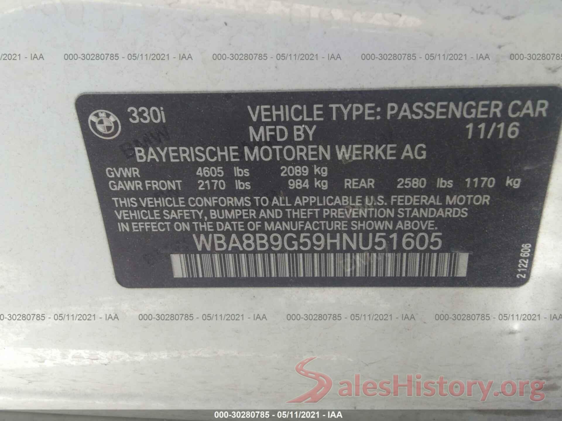 WBA8B9G59HNU51605 2017 BMW 3 SERIES