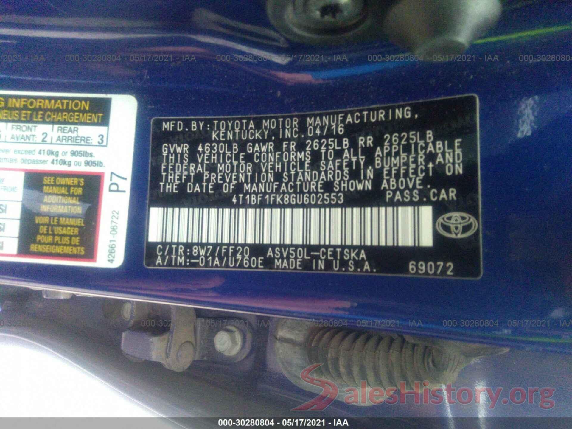 4T1BF1FK8GU602553 2016 TOYOTA CAMRY