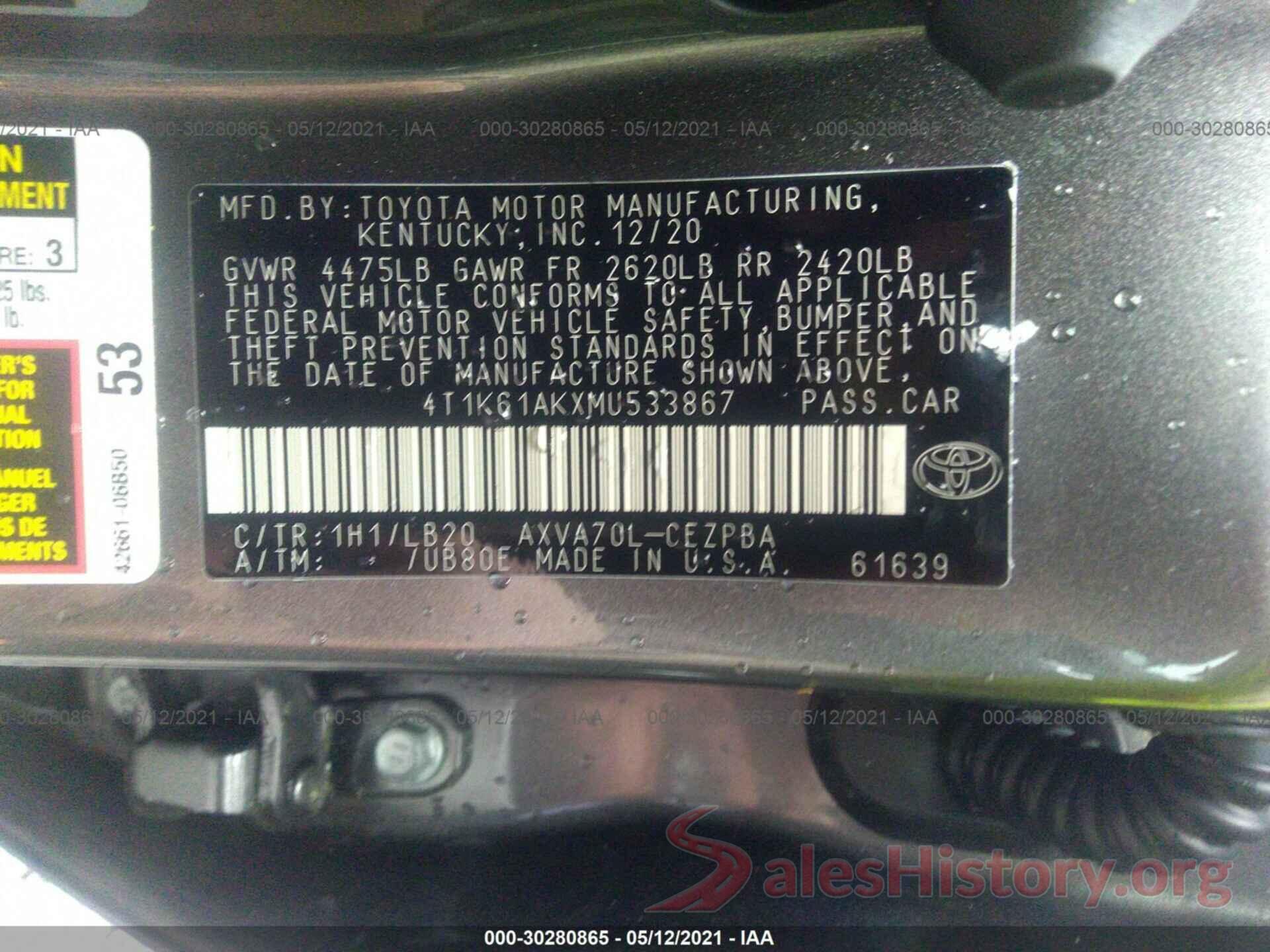 4T1K61AKXMU533867 2021 TOYOTA CAMRY