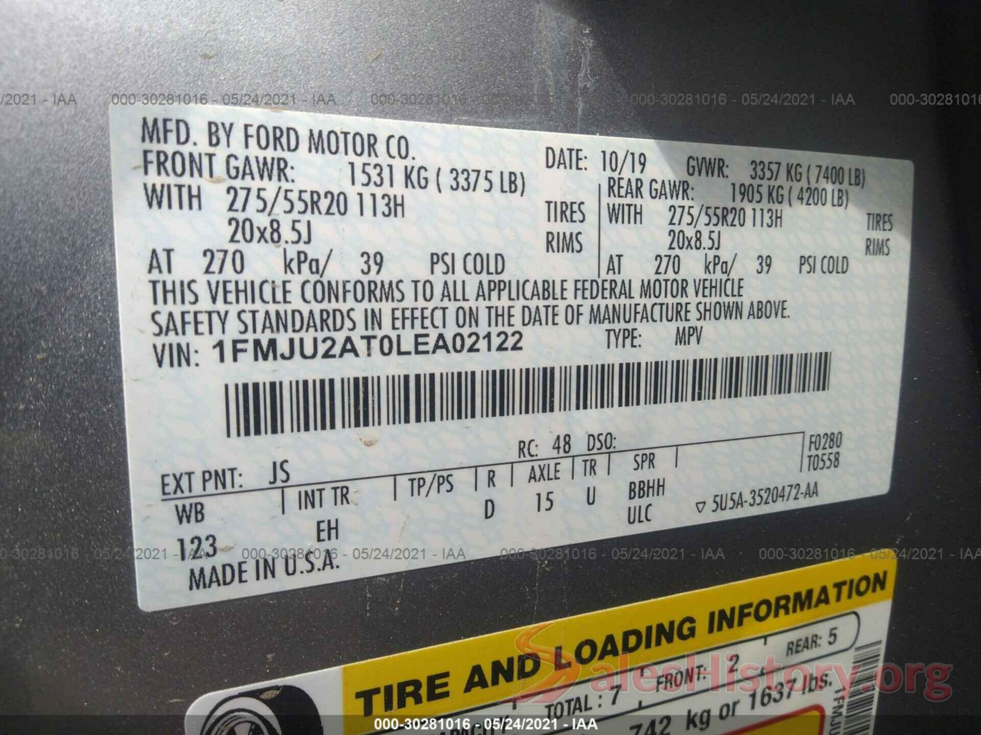 1FMJU2AT0LEA02122 2020 FORD EXPEDITION